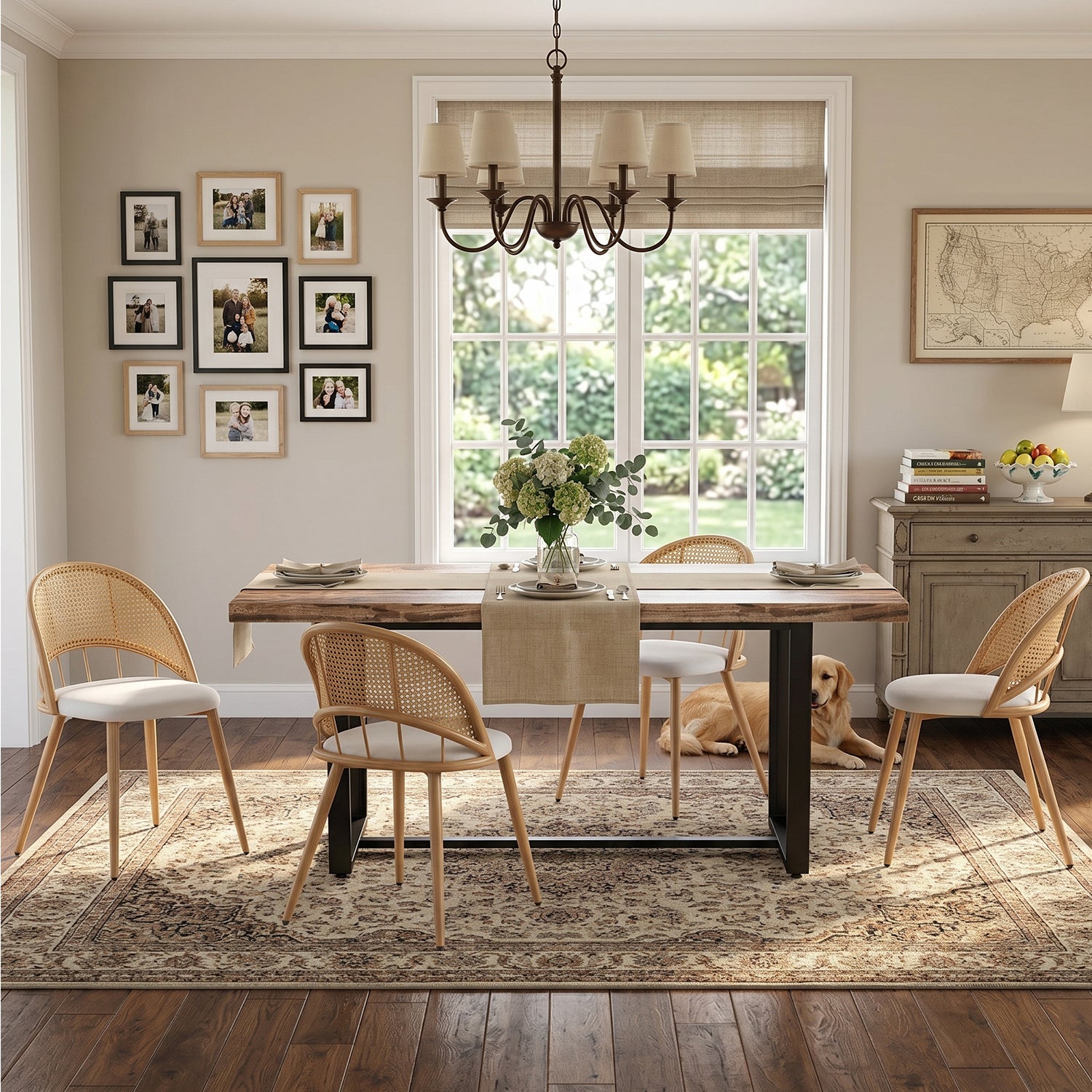TYBOATLE Farmhouse Dining Table Set for 4, 5 Piece Kitchen Table Set, Wooden Dining Table with 4 Boho Rattan Chairs, MDF Wood Top, Durable Frame, Easy-Clean Surface (Brown-4 Chairs, Metal Leg)
