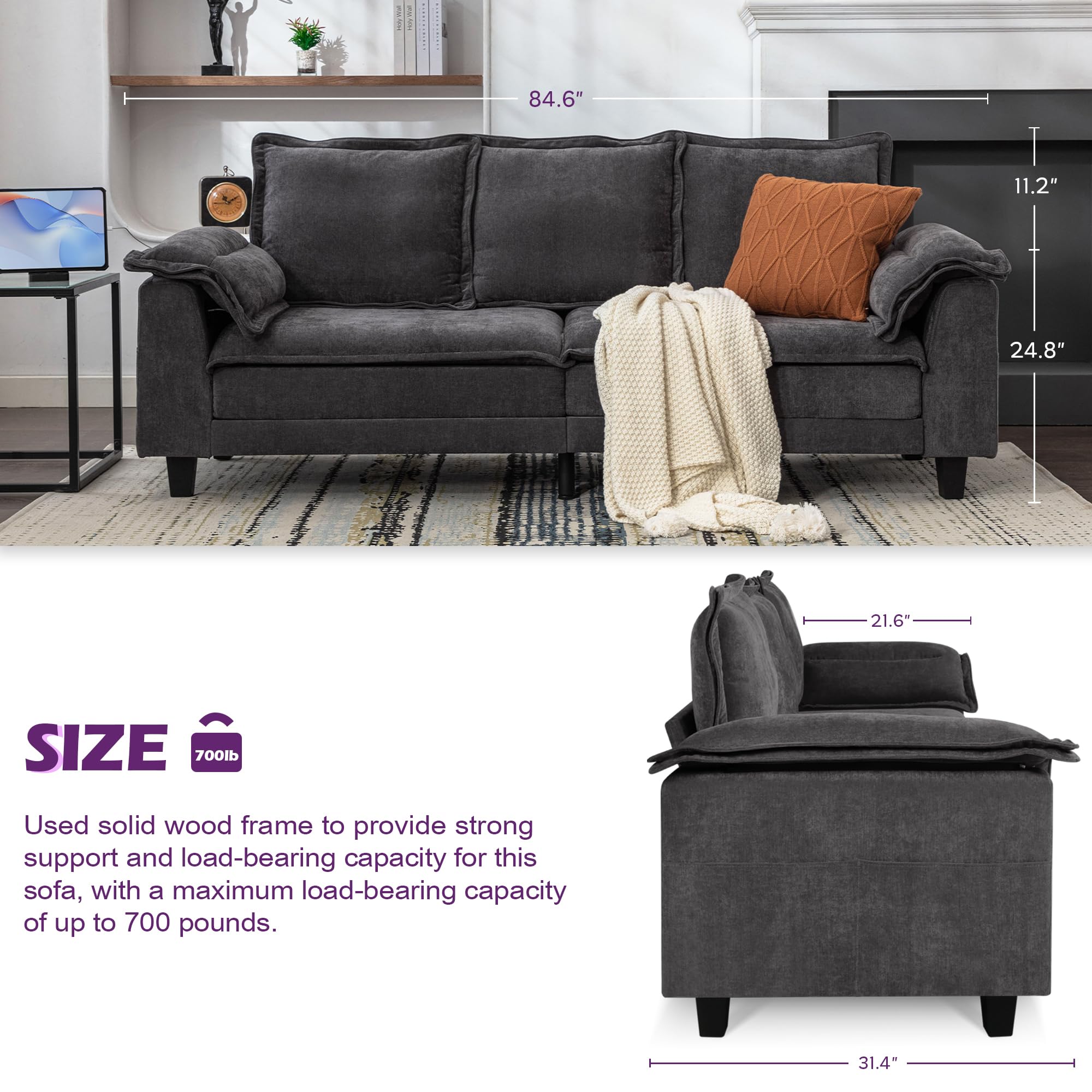 TYBOATLE 85" W Living Room Couch, Comfy Mid-Century Modern Grey Couch w/2 USB Charger & Wide Arms, 3 Seater Sofa w/2 Side Pockets for Apartment, Bedroom, Office