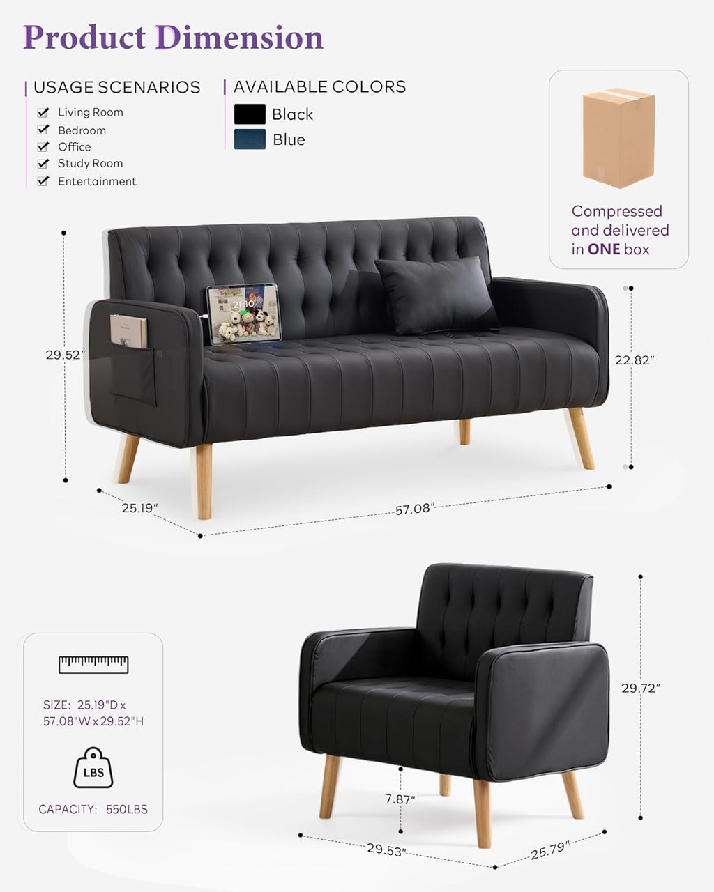 TYBOATLE Faux Leather Loveseat and Accent Chair, Mid-Century Modern Tufted Small Love Seat Couch and Chair Set with USB & Pockets, 2 Pieces Living Room Furniture Sets for Living Room (Black, 2)