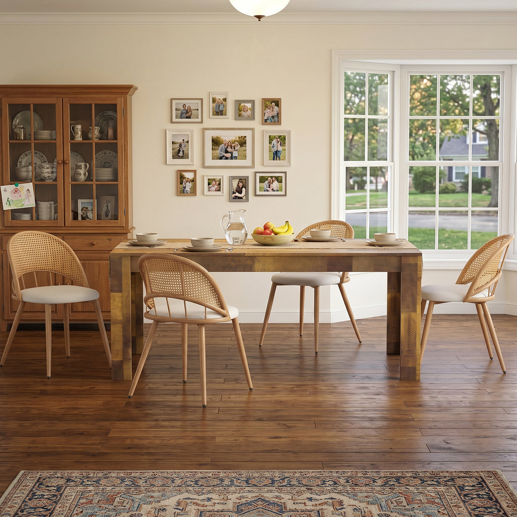 TYBOATLE Farmhouse Dining Table Set for 4, 5 Piece Kitchen Table Set, Wooden Dining Table with 4 Boho Rattan Chairs, MDF Wood Top, Durable Frame, Easy-Clean Surface (Brown-4 Chairs, Wood Leg)