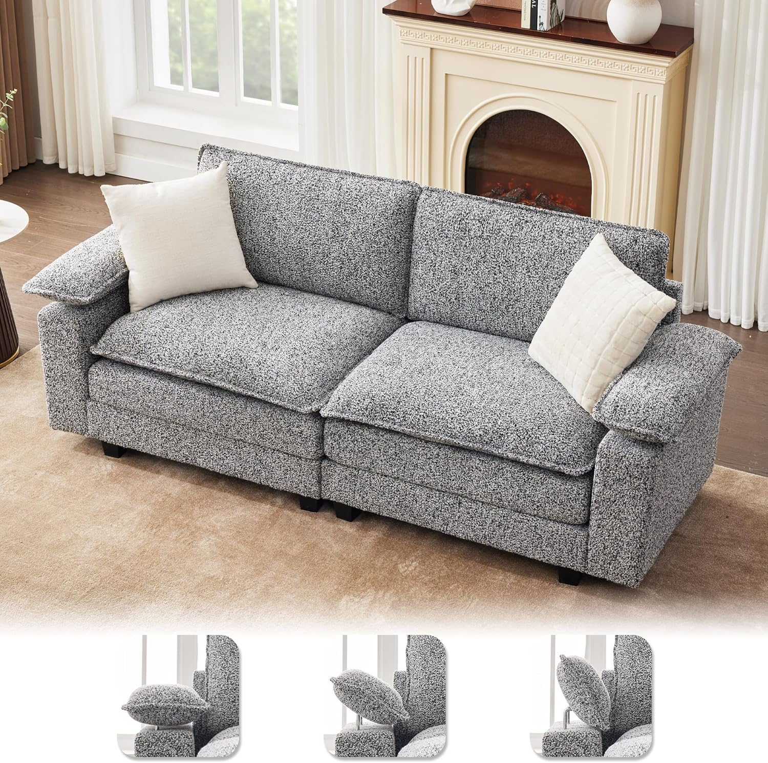 TYBOATLE Large Premium Kapok Fiber Sectional Couch Love Seat, Comfy Cloud Couch w/Adjustable Wider Armrest, Deep Seat Upholstered Modular Sofa for Living Room, Apartment, Grey