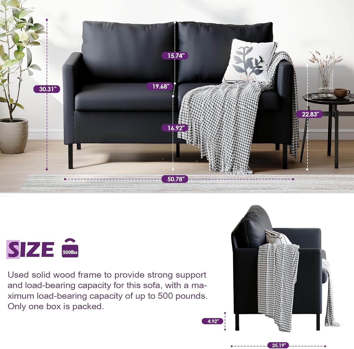 TYBOATLE Modern Faux Leather Small Couches for Small Spaces, Comfy Upholstered Black Love Seat for Bedroom, 2 Seater Mini Couch for Apartment, Dorm, Office