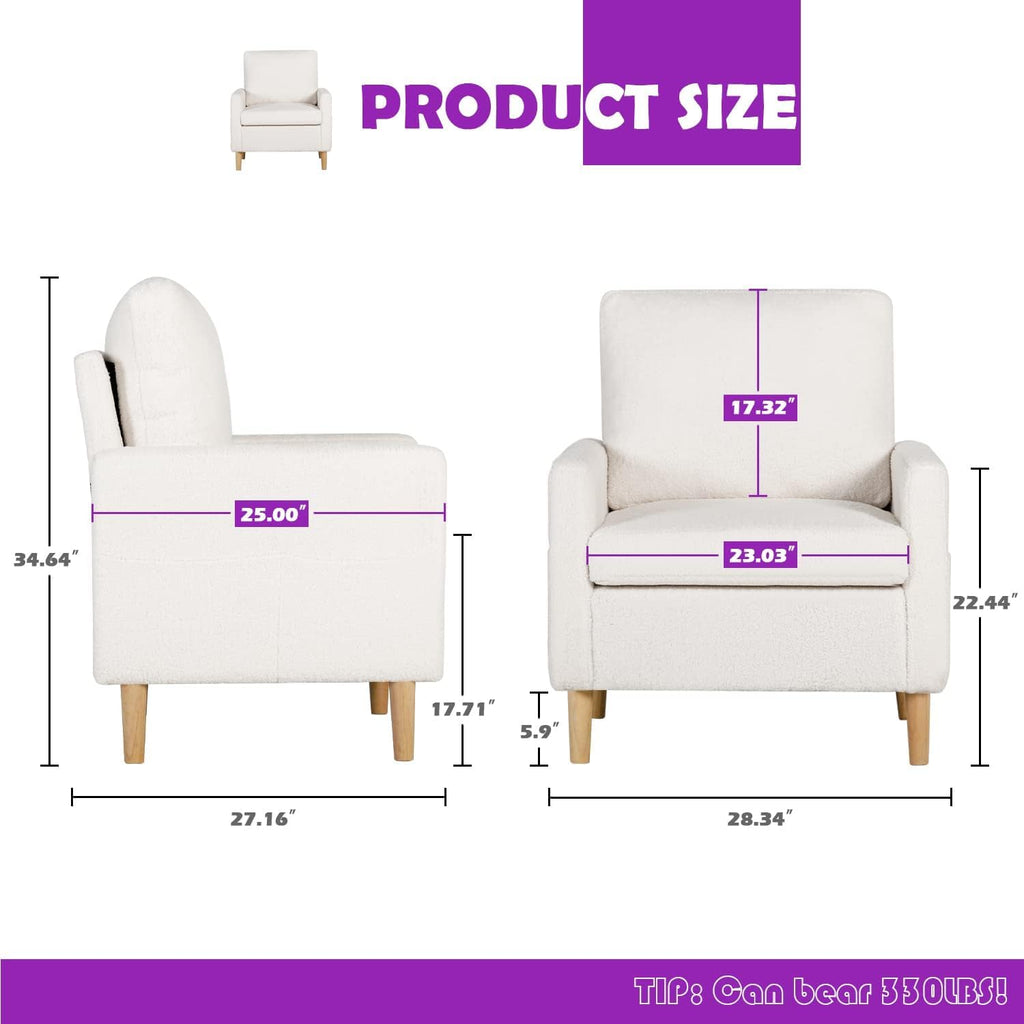 TYBOATLE Accent Chair, Mid-Century Modern Fabric Living Room Arm Chair, Furry Cozy Upholstered Armchair w/Side Pocket, Reading Lounging Side Chairs for Office, Apartment, Bedroom, Cream White
