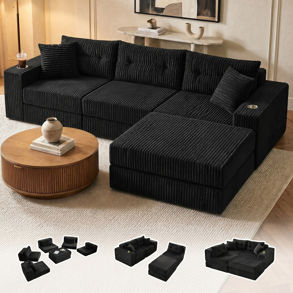 TYBOATLE Modular Sectional Sofa Couch, Corduroy Cloud Boneless Foam Couch with Deep Seats & Cup Holder, Modern Comfy Sleeper Sofa with L-Shape Chaise, No Assembly (Black)