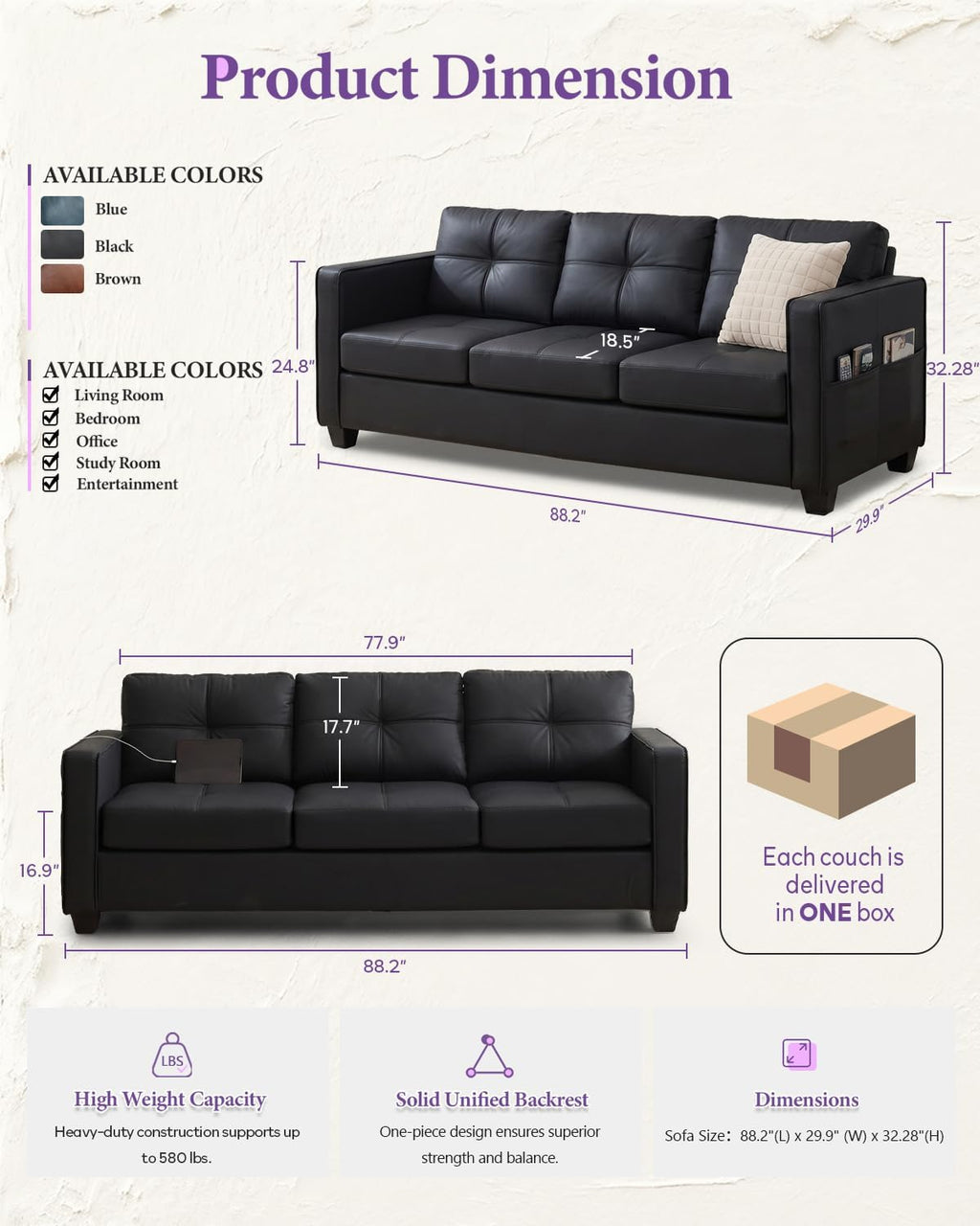 TYBOATLE Black Faux Leather Sectional Couch, 3-Piece Sofa Set for Living Room | TYBOATLE Leather Sectional Sofa, Modular Convertible Couch, Comfy 3-Piece Furniture for Home Office Apartment Bedroom, Black