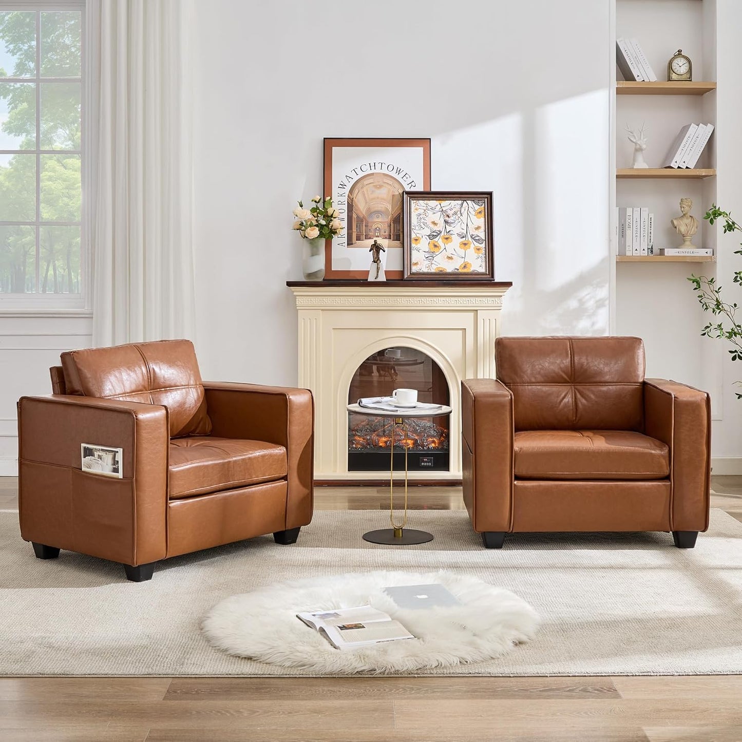TYBOATLE Brown Faux Leather Accent Chair Set of 2, Comfy Living Room Chair Reading Oversized Accent Chairs Tufted Mid Century Modern Arm Chair, 38.58" Wide Armchair for Office Bedroom Lobby