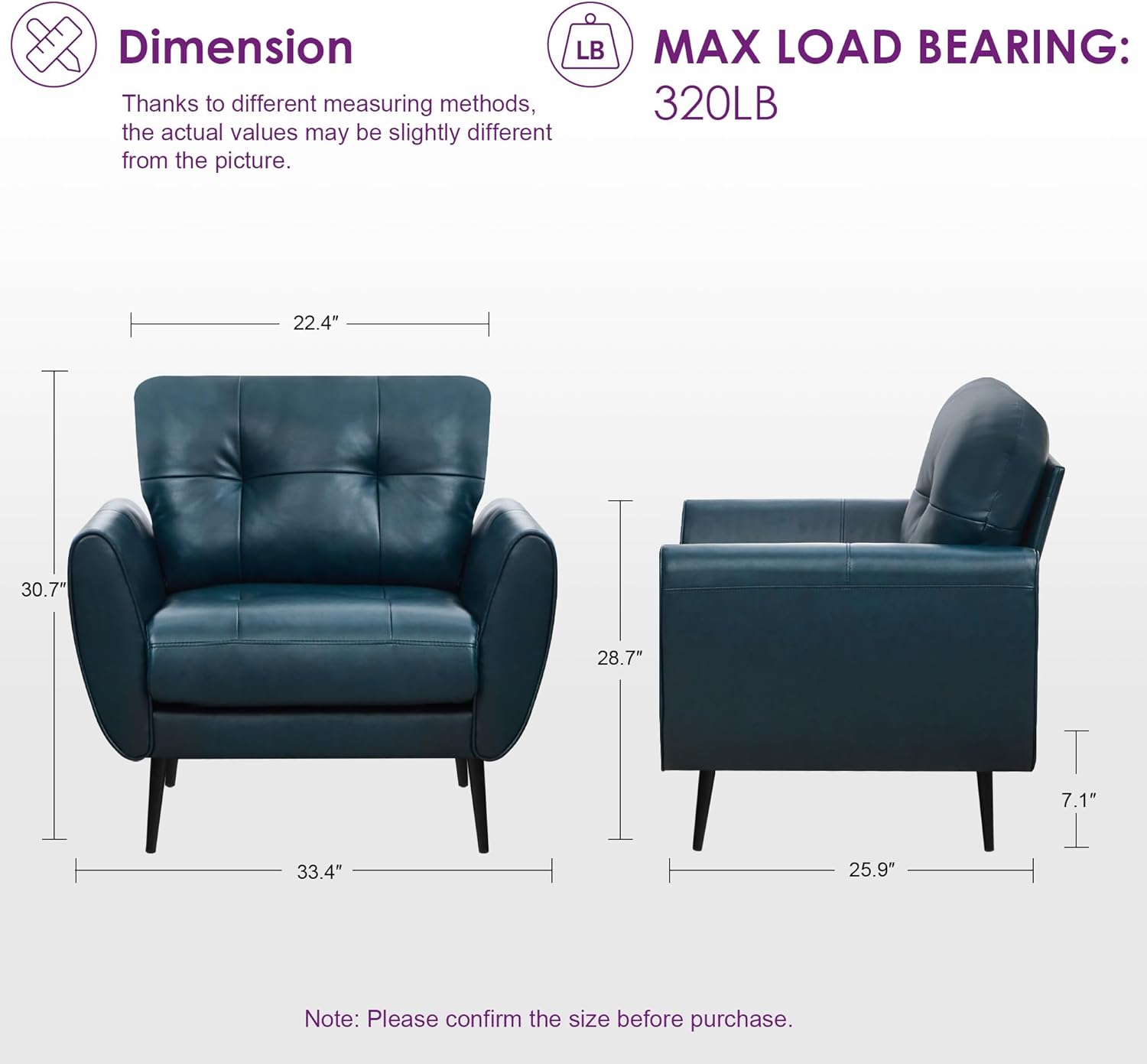 TYBOATLE Accent Chair, Comfy Modern Living Room Blue Leather Reading Accent Chairs Tufted Mid Century Arm Chair Small Salon Chair for Office Bedroom (1, Blue)