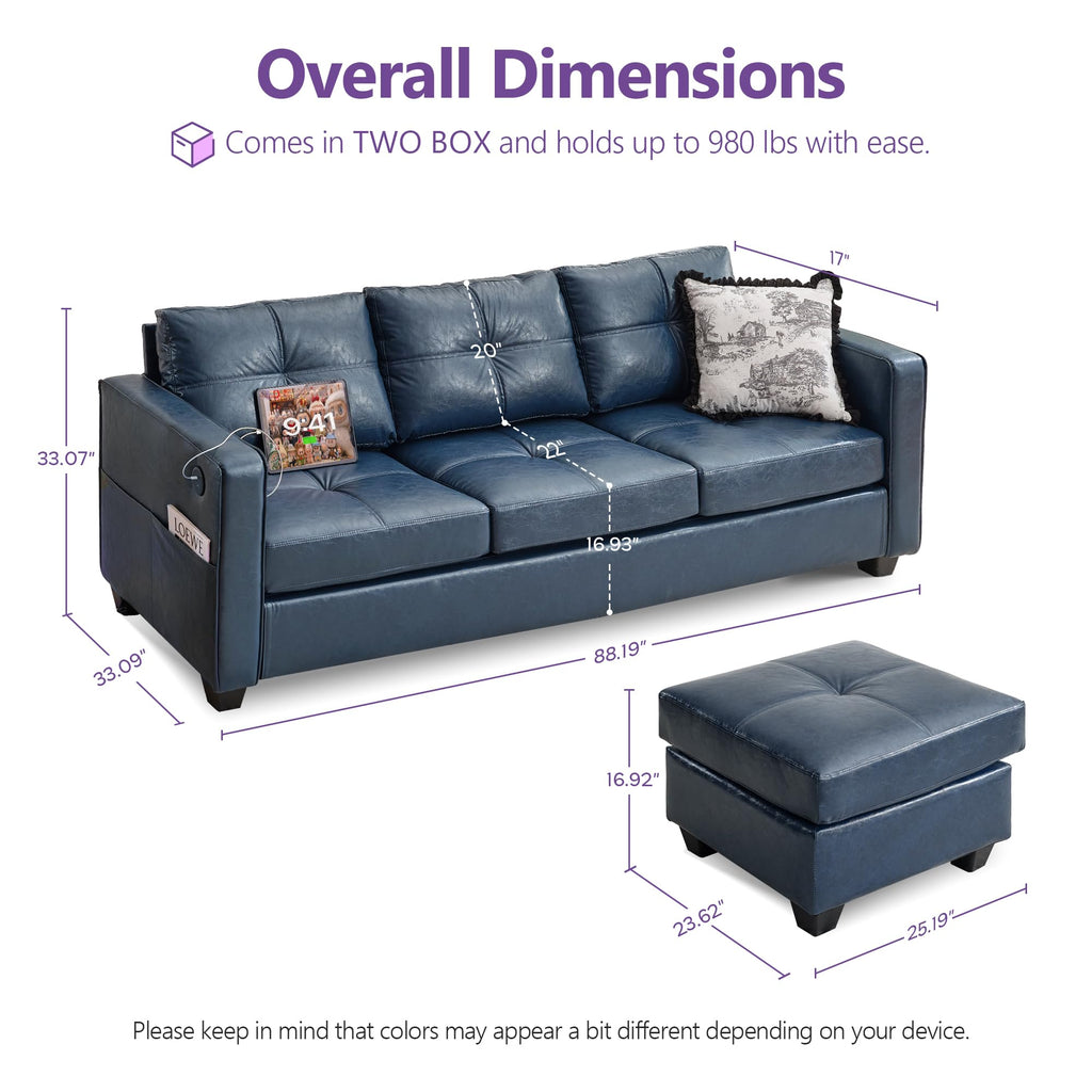 TYBOATLE Blue Leather Sofa Sectional Couches for Living Room, Comfy L Shaped Sofas with USB & Ottoman, Home Office, 3 Piece Living Room Furniture Set with Chaise for RV Apartment Bedroom