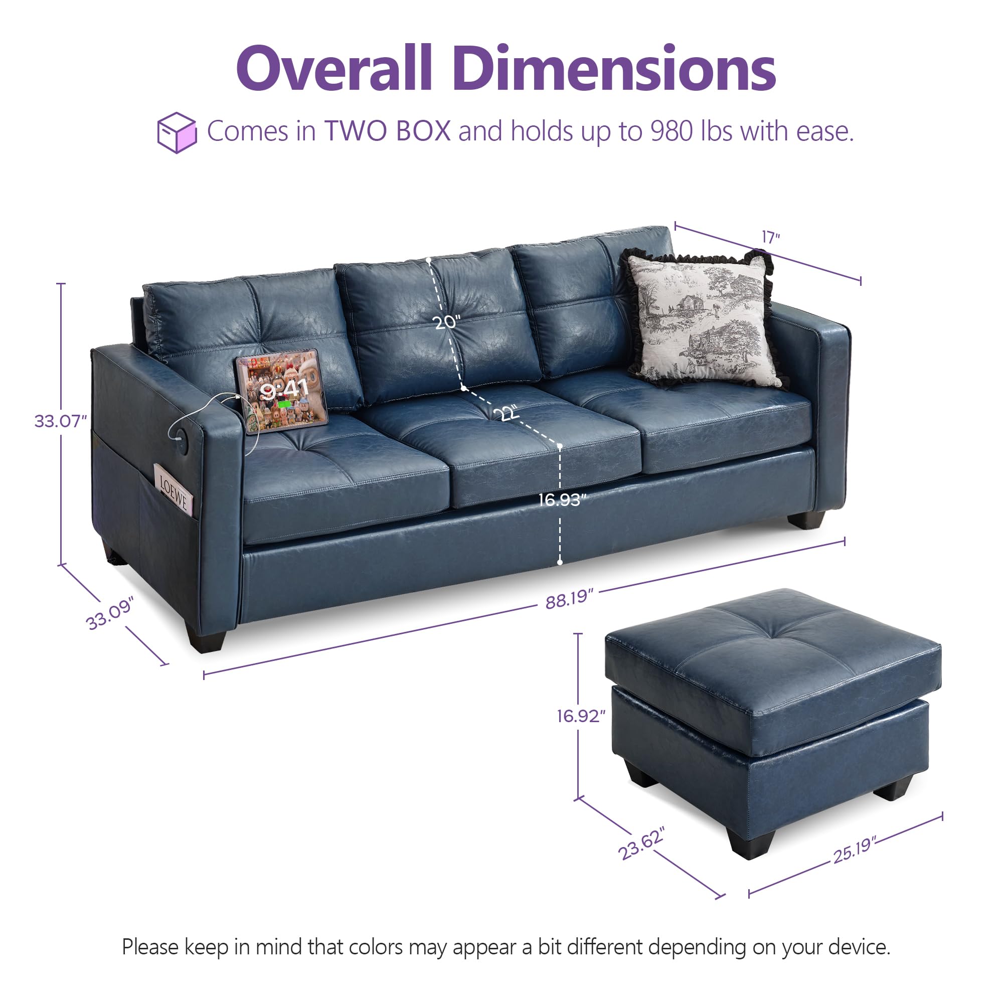 TYBOATLE Blue Leather Sofa Sectional Couches for Living Room, Comfy L Shaped Sofas with USB & Ottoman, Home Office, 3 Piece Living Room Furniture Set with Chaise for RV Apartment Bedroom