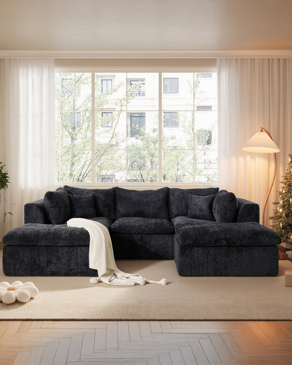 TYBOATLE 114’’ Black Boneless Couch for Living Room, U Shaped Cloud Sectional Sofa w/Ottoman, Comfy Boneless Modular Couch w/Memory Foam