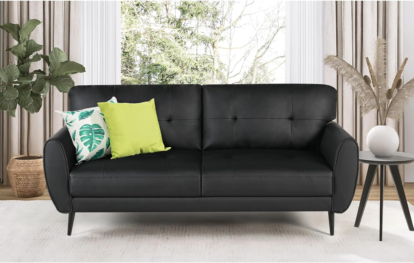 VAMEPOLE Sofa Couch, 60" Loveseat Sofa for Living Room, Mid Century Mini Black Couch, Tufted Leather Love Seat Furniture, Comfy Office Sofa 2 Seat, Small Couches for Small Spaces, Bedroom, Apartment