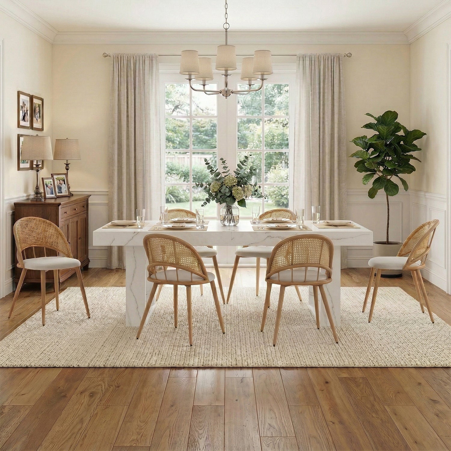 TYBOATLE 71''-87'' Extendable Dining Table Set for 6, Farmhouse Wooden Dining Room Table Set, 7 Piece Dinner Table Set with Upholstered Rattan Dining Chairs (Natural & White, 71''-87''- 6 Chairs)