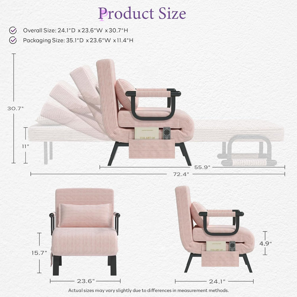 TYBOATLE Sleeper Chair Bed, Comfy Convertible Sleeper Futon Chairs for Adults, 5 in 1 Folding Bed Chair with Adjustable Backrest & Side Pockets & Pillow, Cozy Small Sofa for Small Spaces (Pink)
