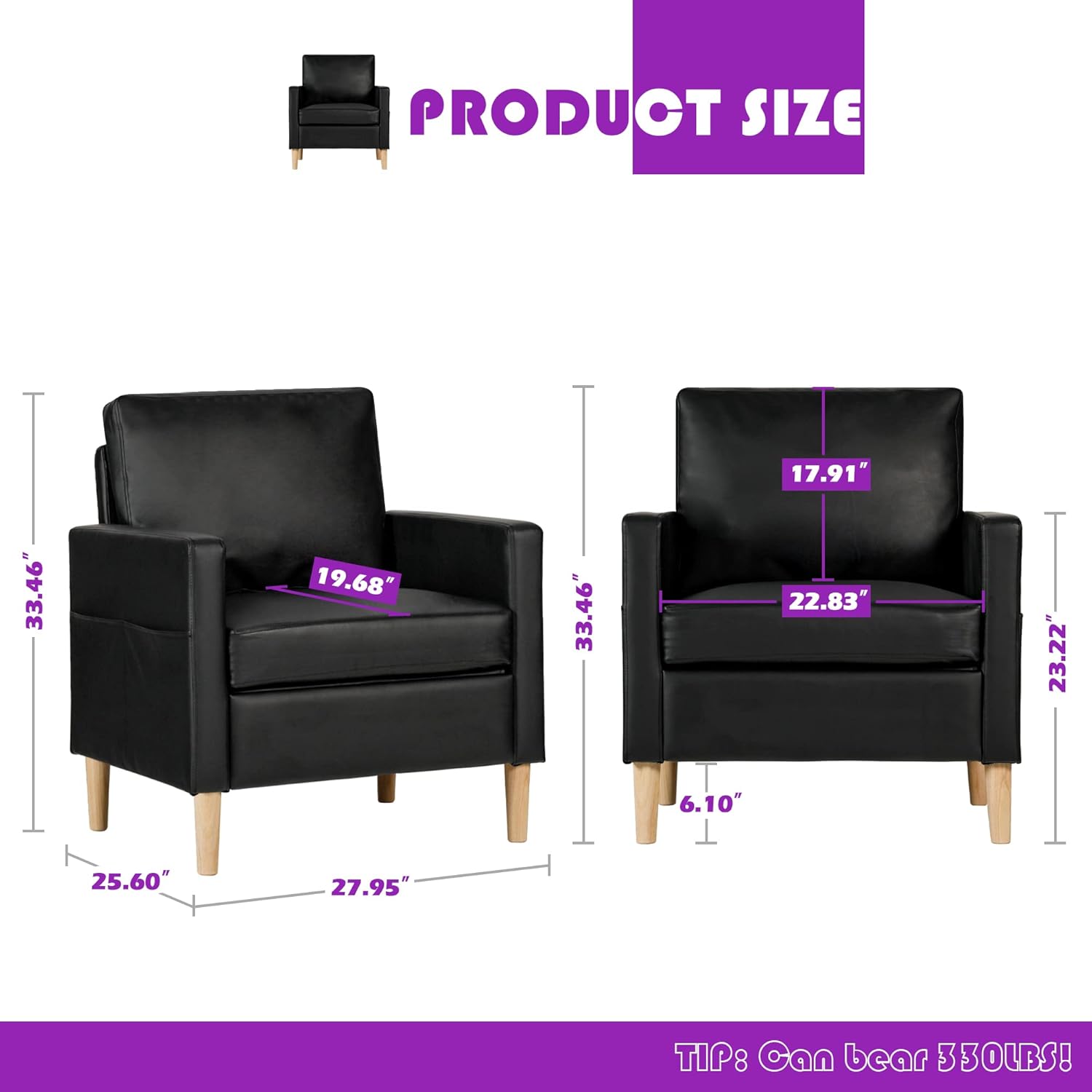 TYBOATLE Leather Chair w/Armrest Pockets, Solid Wood Accent Chair, Mid Century Modern Living Room Chairs, Comfy Waiting Room Chairs for Bedroom, Office, Black