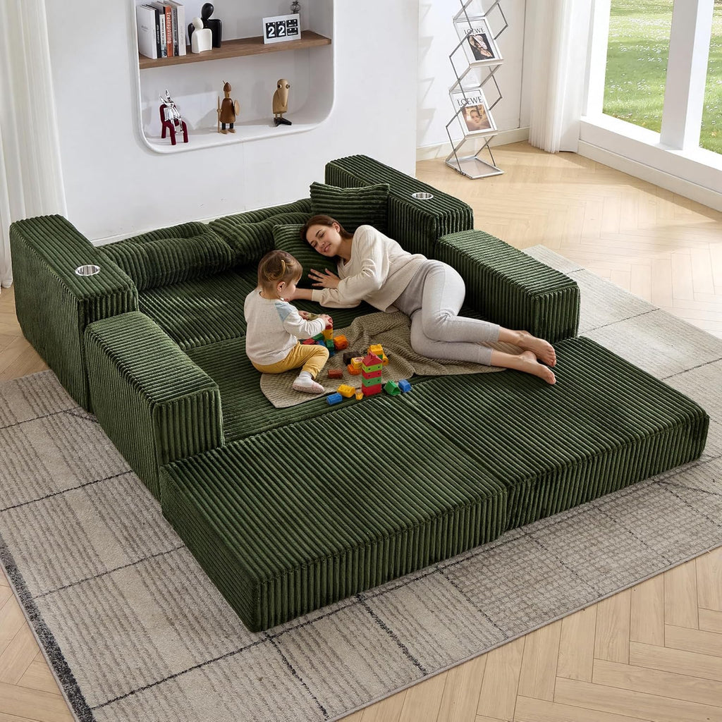 TYBOATLE Modular Cloud Loveseat with Ottoman, Modern Corduroy Boneless Sectional Foam Sofa Couch with Deep Seats, Convertible Sleeper Sofa Bed for Living Room, No Assembly (Forest Green, 2 Seat)