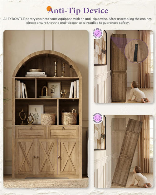 75'' Tall Arched Pantry Cabinet w/Charging Station, Kitchen Pantry Hutch | TYBOATLE, Pantry Cabinet w/Charging Station for Kitchen, Dining, Bathroom, Soft-Close Doors, Anti-Tip Device, Natrual