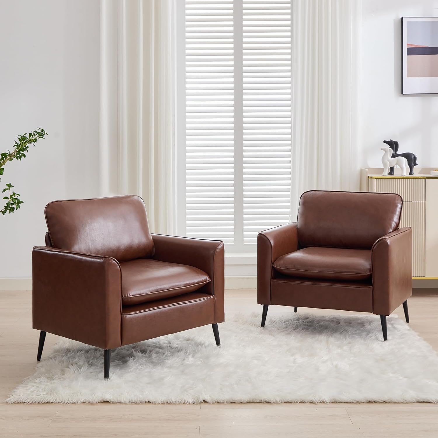 TYBOATLE Accent Chairs Set of 2, Brown Faux Leather Chairs, Comfy Living Room Chairs, Cozy Office Reading Chair, Mid Century Modern Sofa Chairs, Armchairs for Office, Bedroom