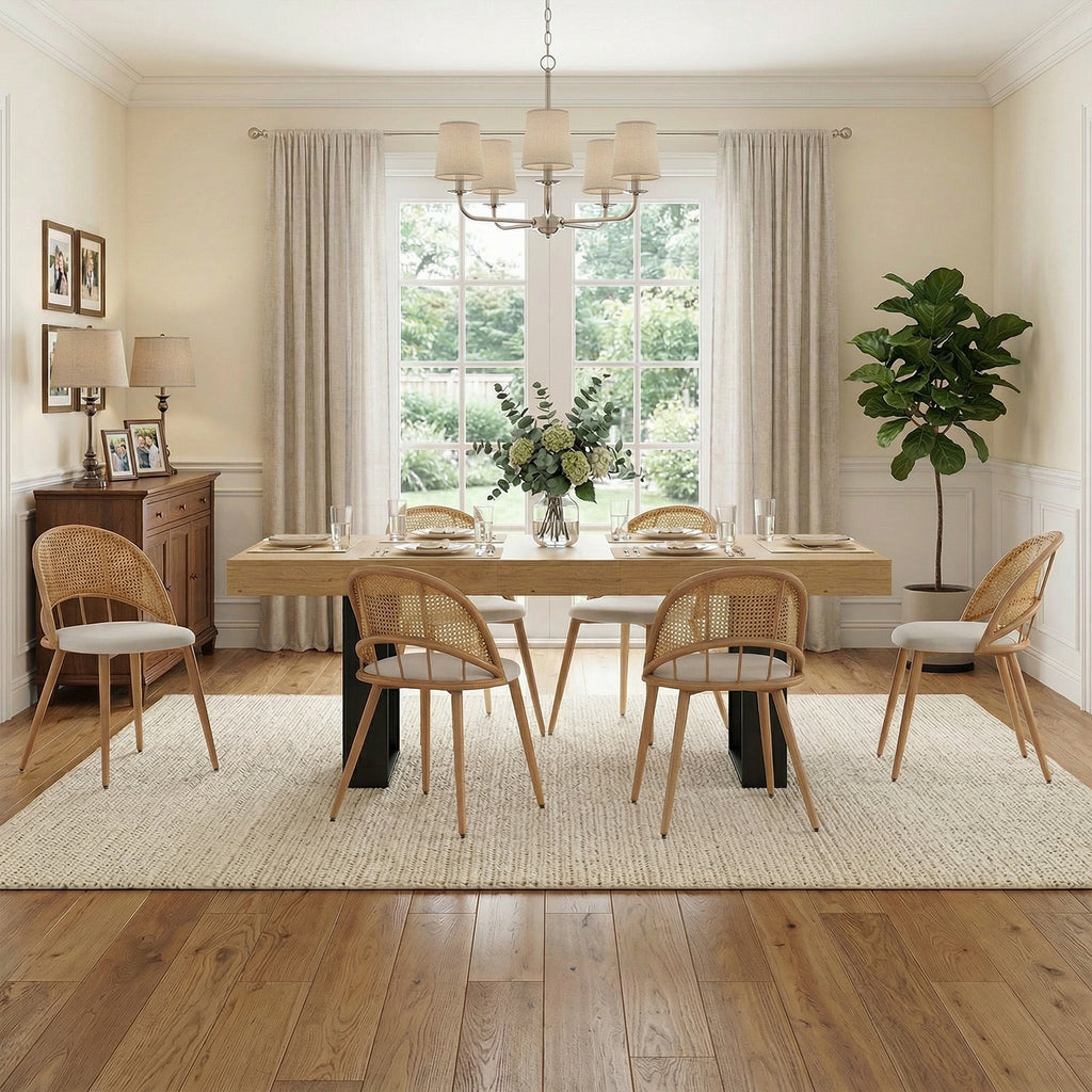 TYBOATLE 63'' - 79'' Extendable Dining Table Set for 6, Farmhouse Wooden Dining Room Table Set, 7 Piece Dinner Table Set with Upholstered Rattan Dining Chairs (Natural & White, 63''-79''- 6 Chairs)