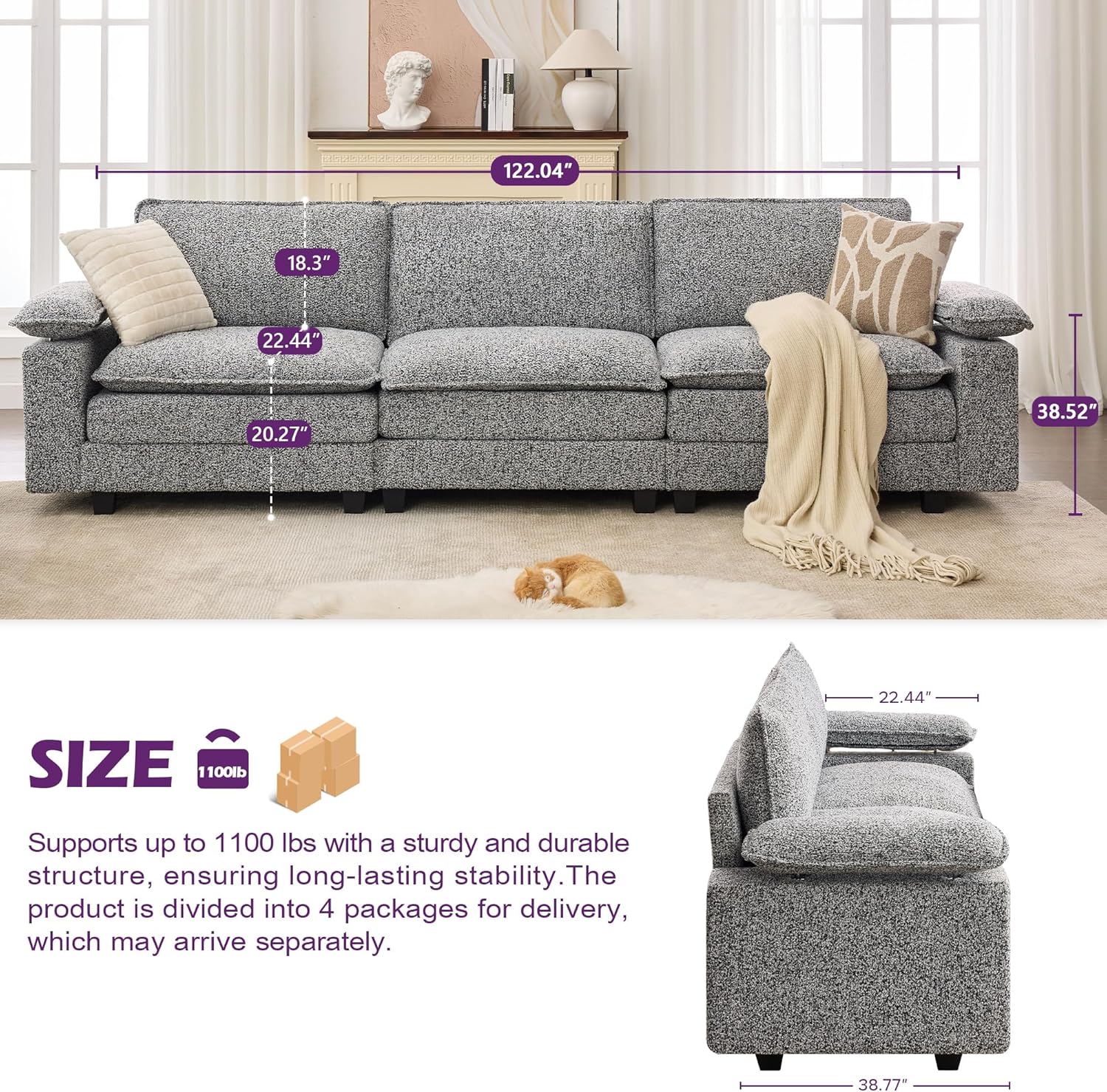 TYBOATLE 122'' Sofa Set for Living Room, Premium Kapok Fiber Sectional Couch with Chairs, Comfy Cloud Couch w/Adjustable Wider Armrest, Deep Seat Upholstered Modular Sofa for Appartment, Grey