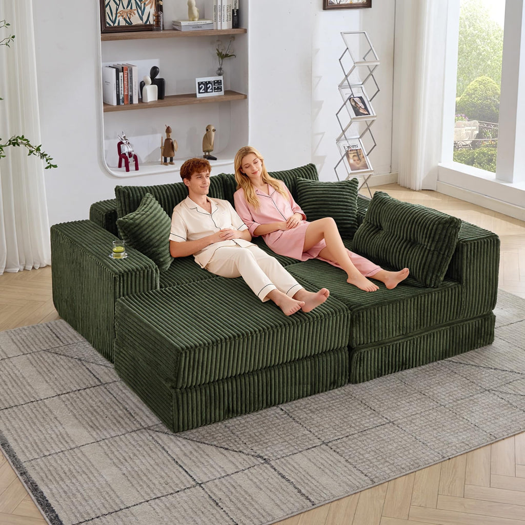 TYBOATLE Modular Sectional Sofa Couch, Corduroy Cloud Boneless Foam Couch with Deep Seats & Cup Holder, Modern Comfy Sleeper Sofa with L-Shape Chaise, No Assembly (Forest Green)
