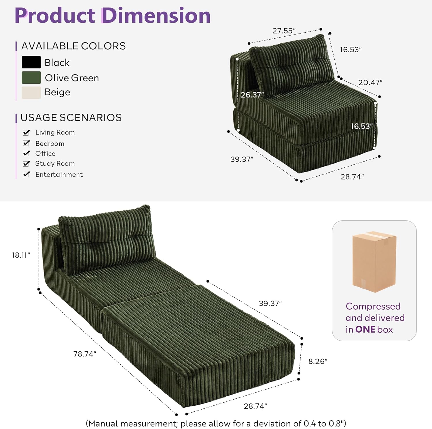 TYBOATLE Folding Sofa Bed, Convertible Sleeper Chair with Back Support and Pillow, Fold Out Floor Chair Bed, Comfy Foldable Mattress Futon Couch for Living Room, Bedroom (Forest Green, Single Seat)