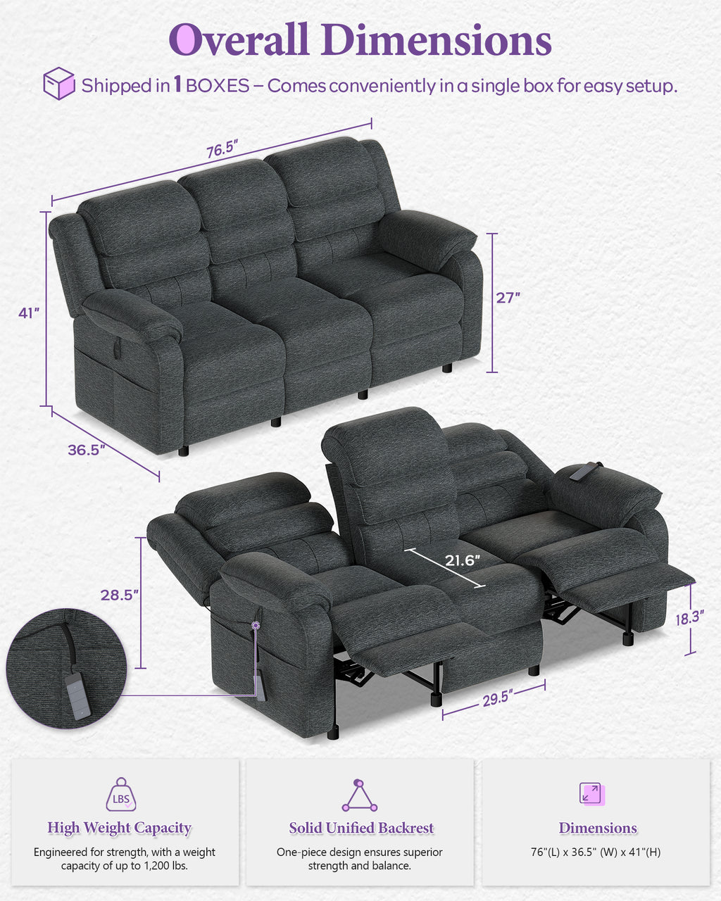 TYBOATLE Power Recliner Sofa, 3 Seater Electric Reclining Sofa with Dual Motors and Remote Control, Chenille Recliner Couch w/ Side Pockets for Living Room, RV, Game Room, Home Theater, 76.5" Wide (Grey)