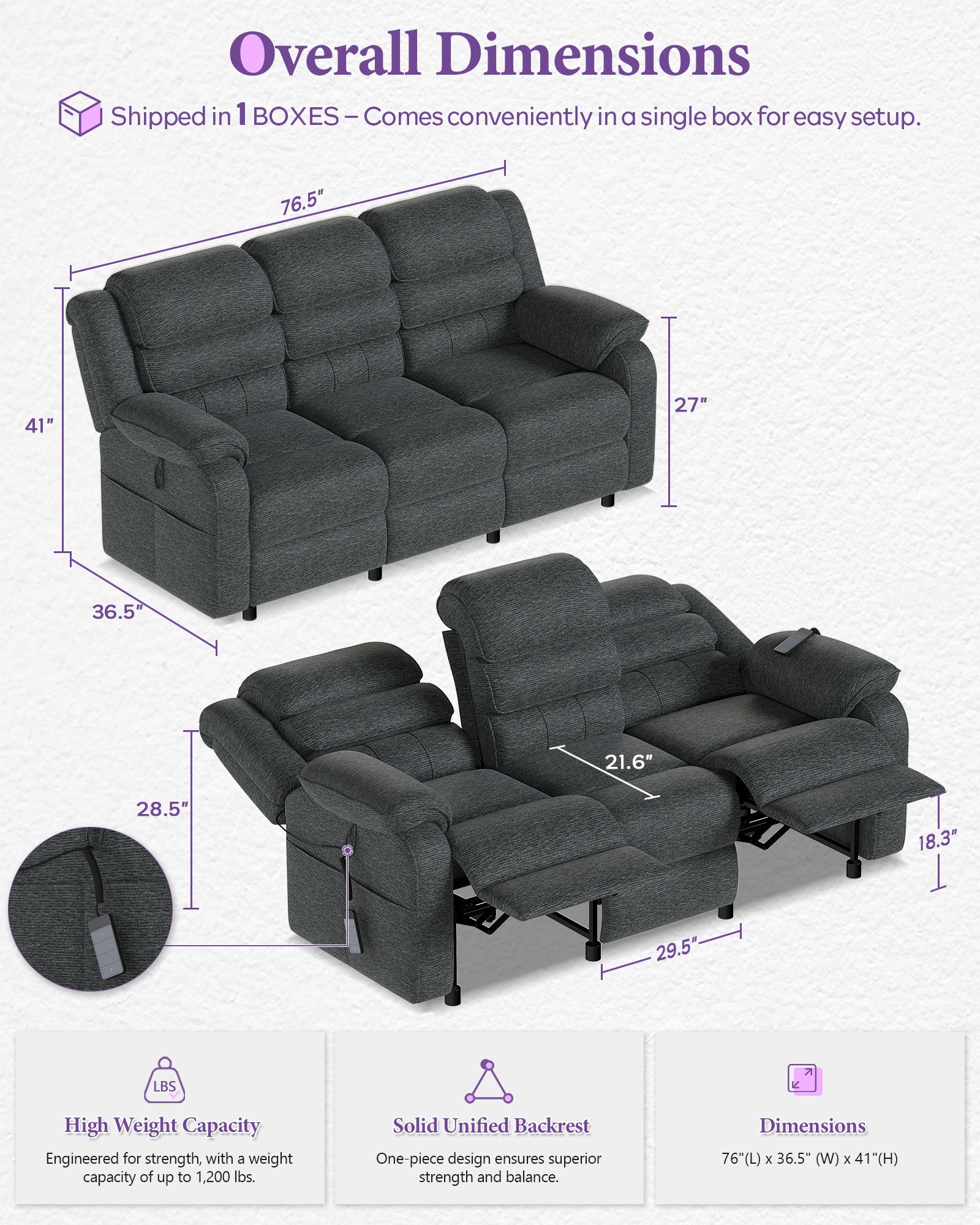 TYBOATLE Power Recliner Sofa, 3 Seater Electric Reclining Sofa with Dual Motors and Remote Control, Chenille Recliner Couch w/ Side Pockets for Living Room, RV, Game Room, Home Theater, 76.5" Wide (Grey)