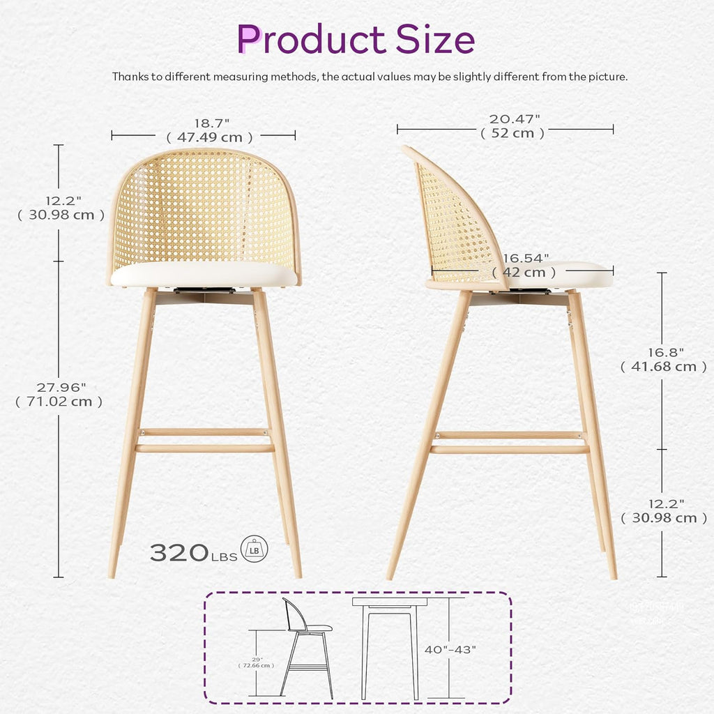 TYBOATLE Bar Stools Set of 2 Rattan Swivel 29" Height Barstools for Kitchen Counter Island Mid Century Modern White Bar Chairs with Metal Legs Woven Stools Upholstered Boho Bar Stool