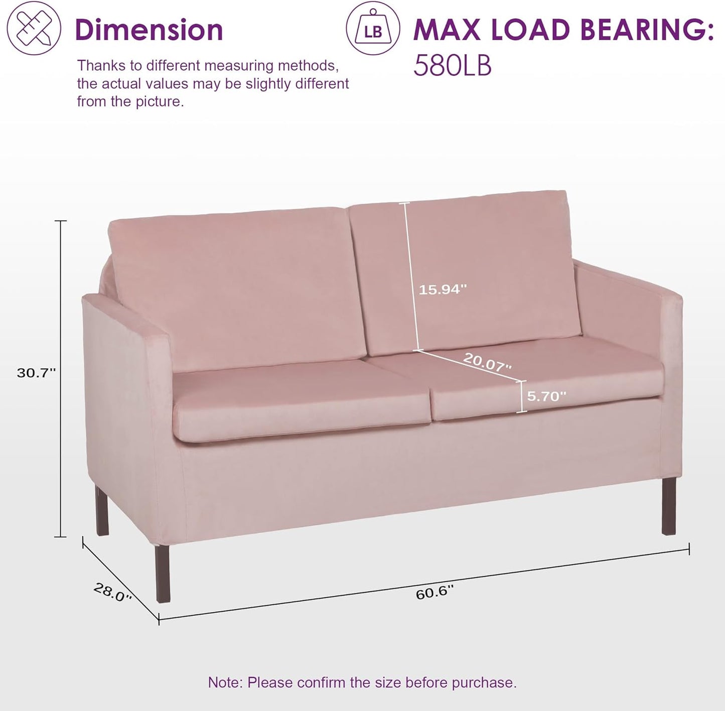 TYBOATLE Sofa Couch Mid Century Modern Small Loveseat for Living Room, 51" W Mini Little Upholstered 2-Seater Love Seats w/Iron Legs for Compact Small Space, Apartment, Bedroom, Dorm, Office (Pink)