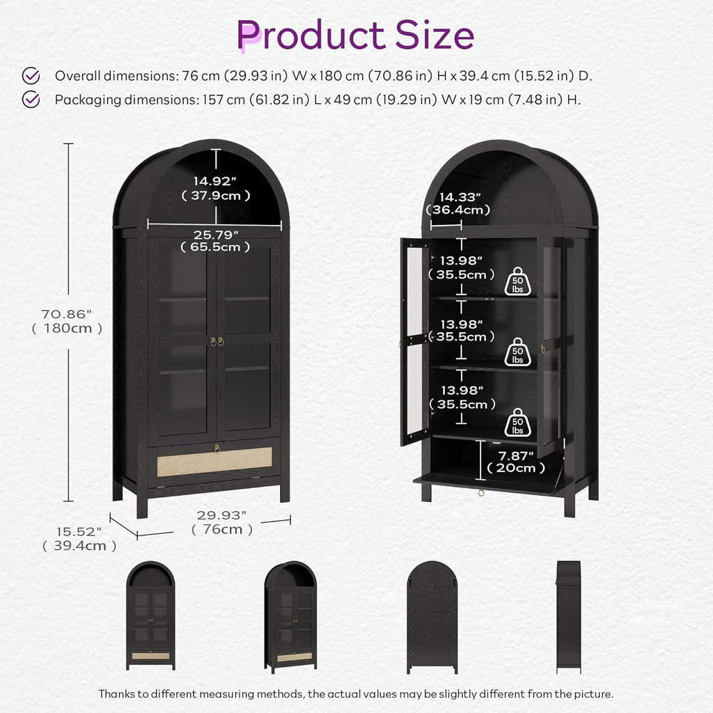 TYBOATLE 71" Tall Arched Pantry Cabinet with Innovative Drawer, Kitchen Cabinet with Anti-Tipping Device and Glass Door, Versatile Cupboard for Kitchen, Dining, Black