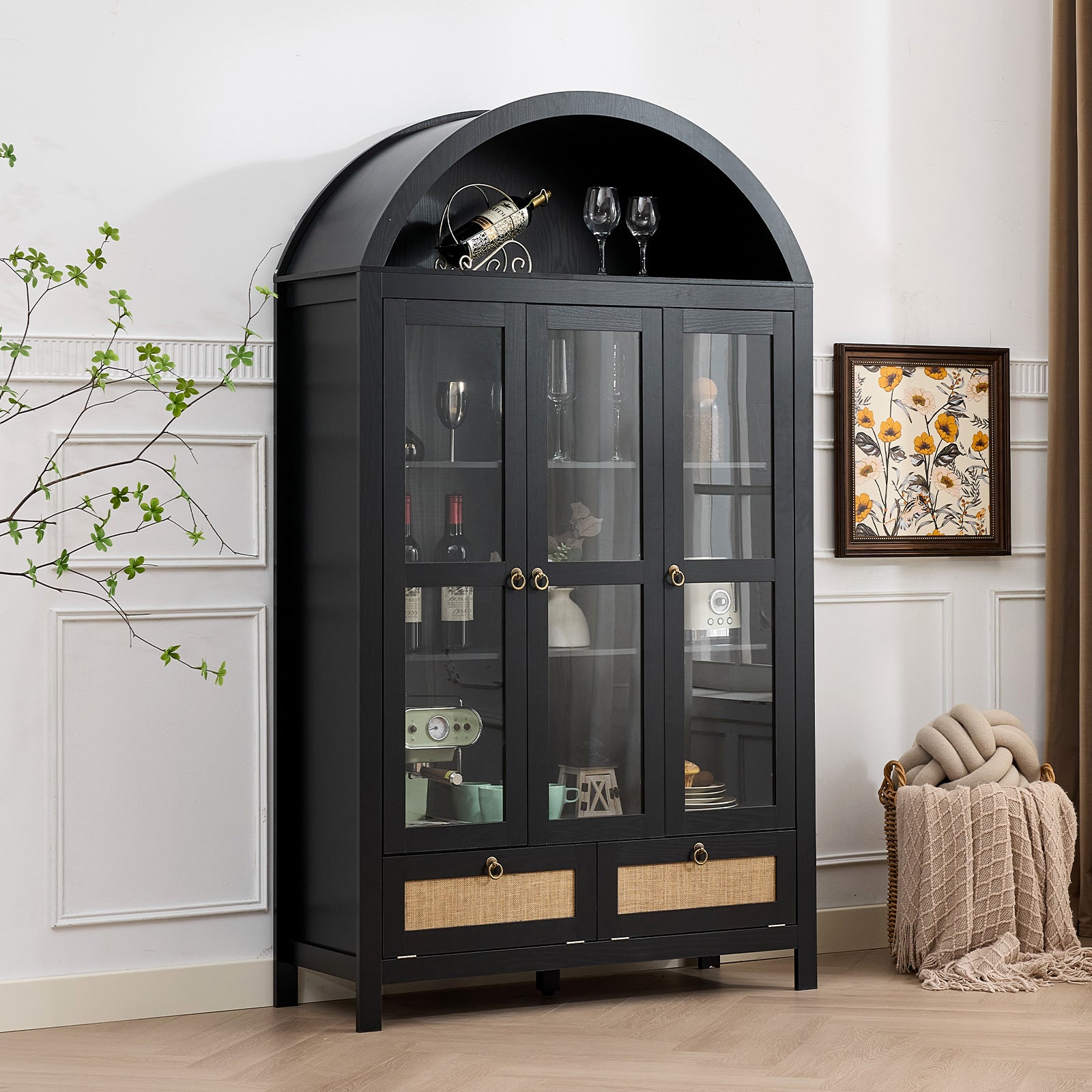 TYBOATLE 75'' Arched Cabinet Classic Farmhouse Design w/Three Glass Doors, Arch Cabinet w/Rattan Drawers and Anti-Tipping Device, Versatile Cupboard for Kitchen, Bathroom, Black