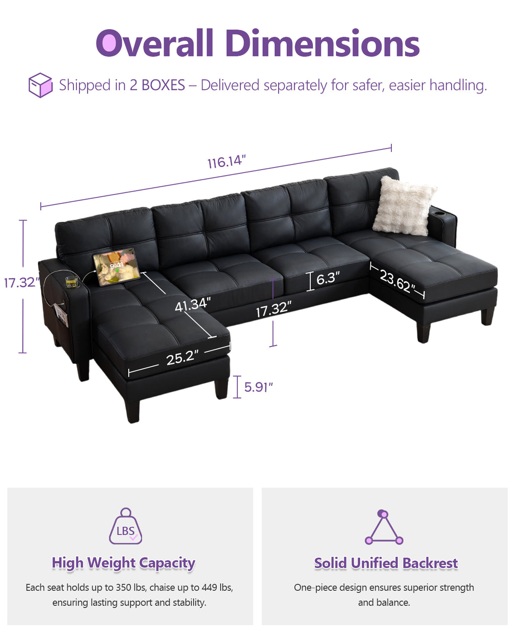 TYBOATLE 116’’ W Black Faux Leather Sectional Couch w/USB and Cup Holders for Living Room, Comfy Tufted U Shaped Modular Convertible Sofa w/Chaise Lounge, Office Leather Sofa for Bedroom