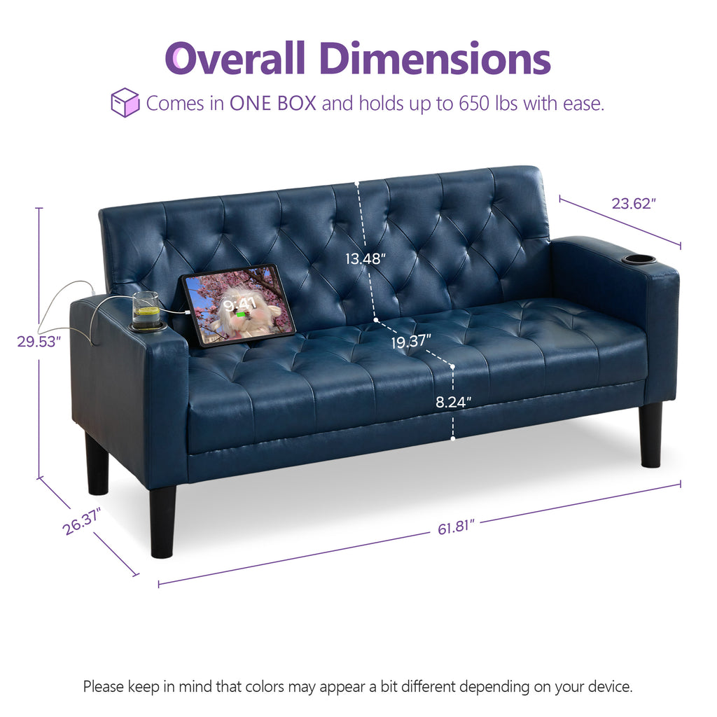 TYBOATLE 62" W Leather Loveseat w/ 2 USB and 2 Cupholders, Mid-Century Modern Tufted Small Love Seat Mini Couches for Office, Living Room, Bedroom, Dorm, Blue