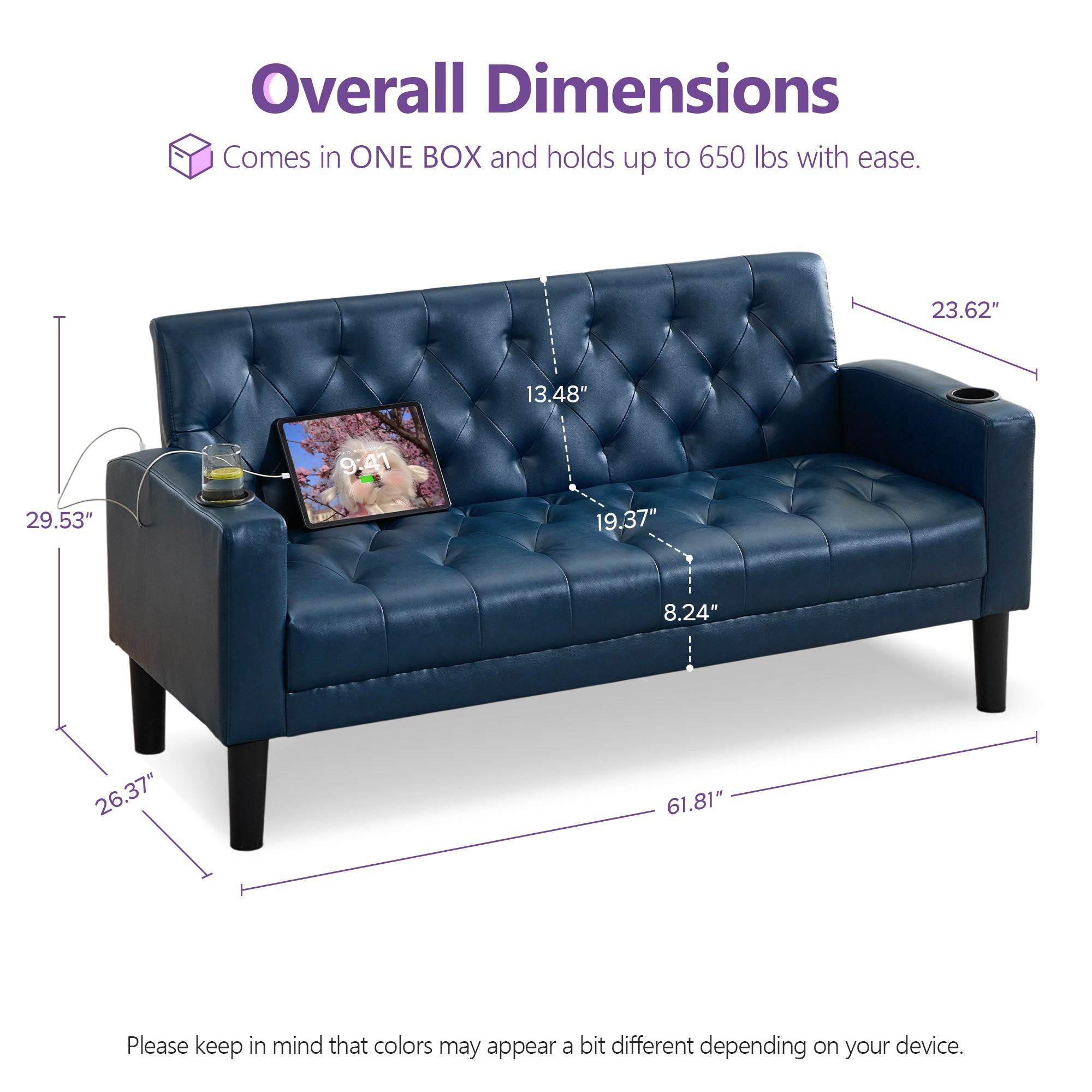 TYBOATLE 62" W Leather Loveseat w/ 2 USB and 2 Cupholders, Mid-Century Modern Tufted Small Love Seat Mini Couches for Office, Living Room, Bedroom, Dorm, Blue