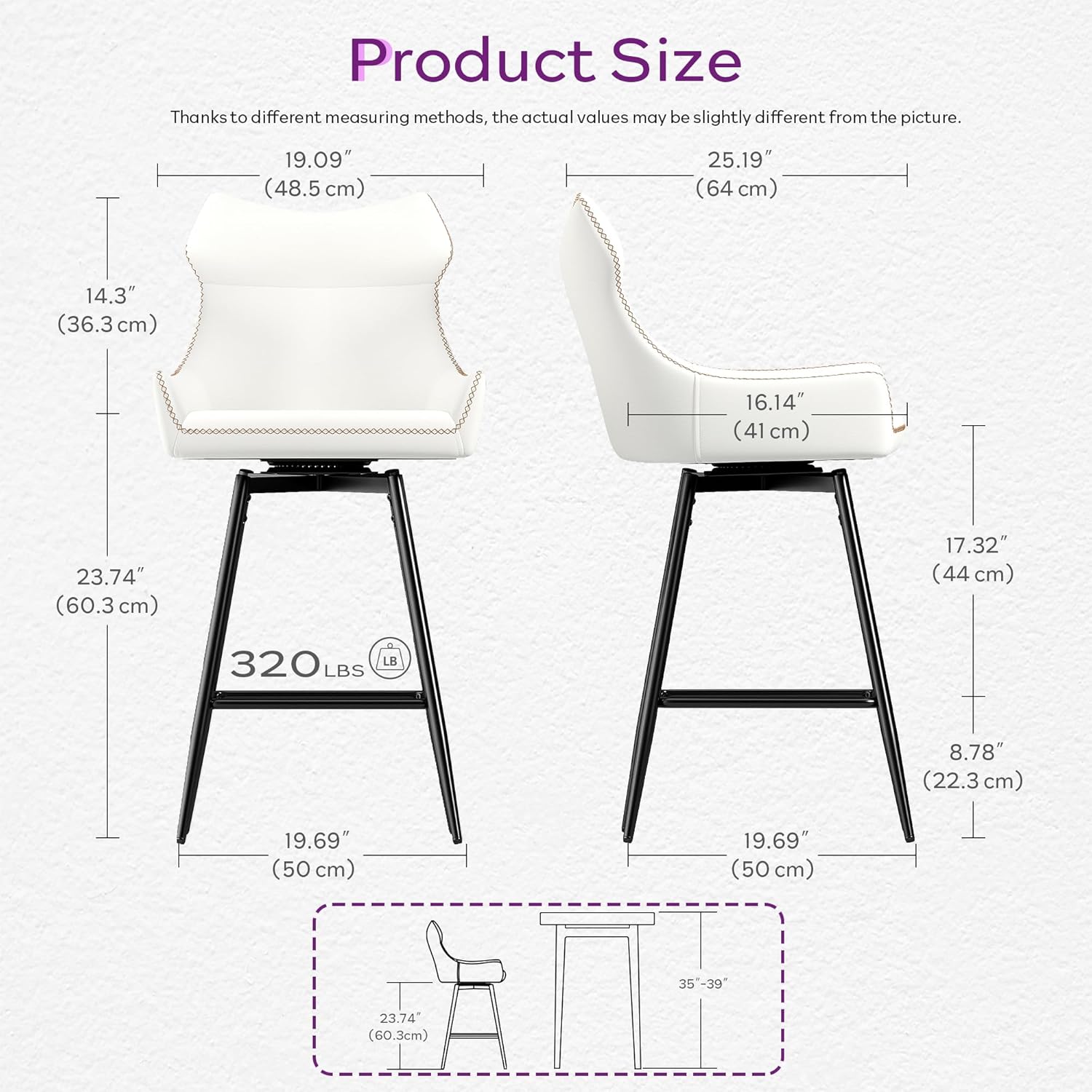 TYBOATLE 26” Leather Swivel Bar Stools Set of 4, Counter Height Bar Stools with Metal Legs, Height-Adjustable Upholstered Faux Leather Barstools for Kitchen Counter, White