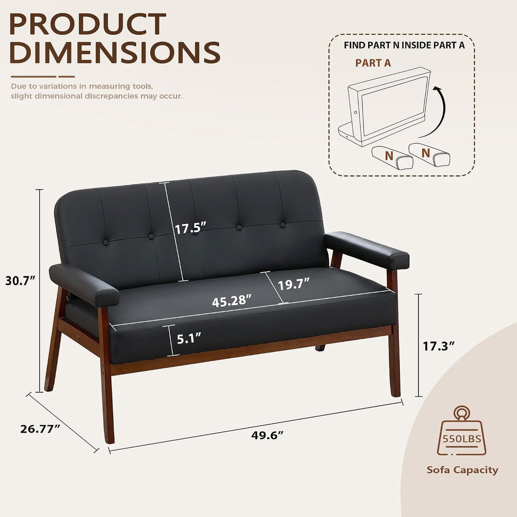 JIASTING 50” Black Leather Loveseat, Tufted Small Office Sofa Couch with Wood Arms, Mid Century Modern, Two Seater, Small Spaces, Living Room, Waiting Room, Bedroom, Black
