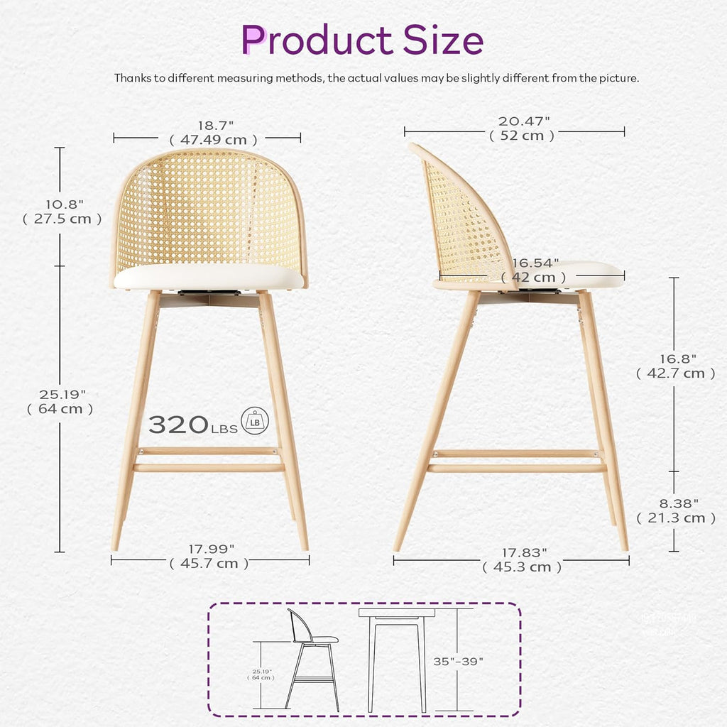 TYBOATLE 26'' BarStools Set of 2 w/Rattan Backrest, Swivel Counter Height Bar stools w/Metal Legs, Modern Mid-Century Boho Bar stools with Faux Leather for Kitchen Island, Dining Room, White
