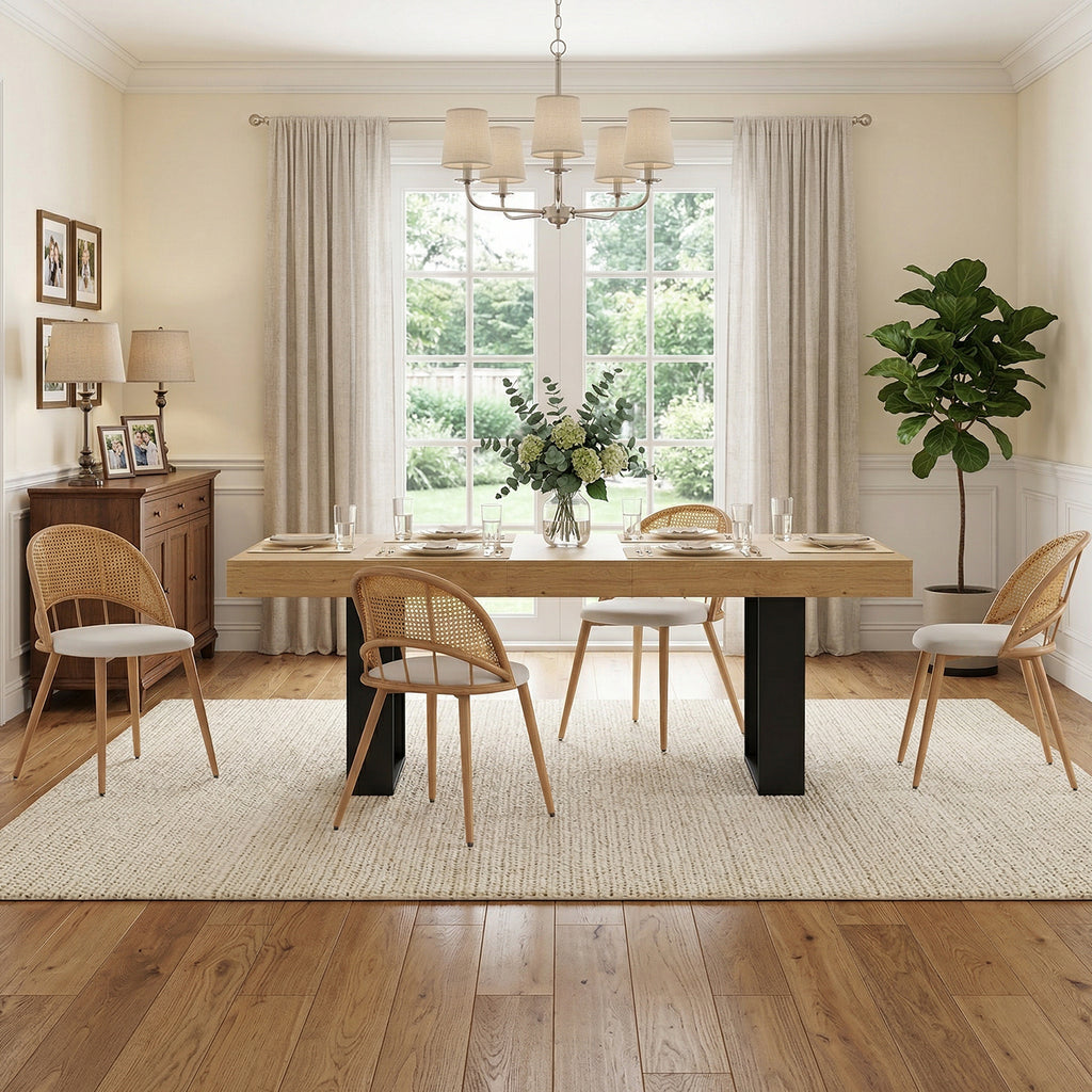 TYBOATLE 63'' - 79'' Extendable Dining Table Set for 4, Farmhouse Wooden Dining Room Table Set, 5 Piece Dinner Table Set with Upholstered Rattan Dining Chairs (Natural & White, 63''-79''- 4 Chairs)