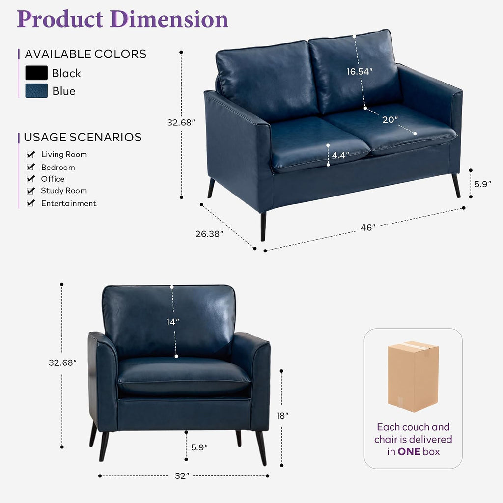 TYBOATLE Leather Loveseat Sofa and Accent Chair Set (Blue, 2) Comfy, 2 Pillows, Mid-Century Modern, Small Spaces, 2 Pieces Living Room Furniture Sets