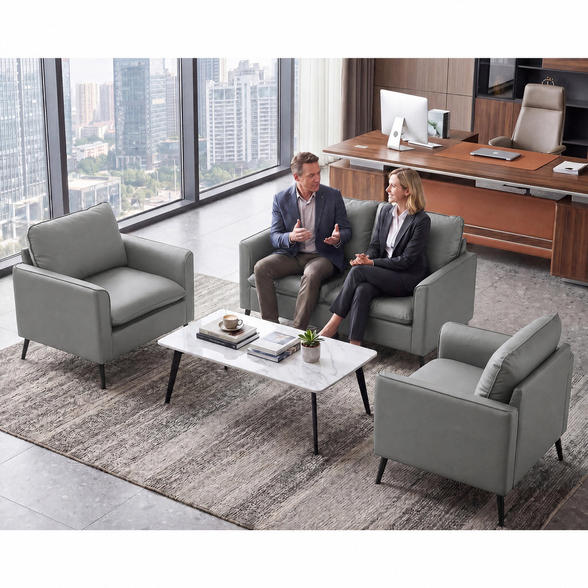 CHYMSUN Faux Leather Love Seat and Accent Chair Set of 2, 2 Seater Couch, Grey