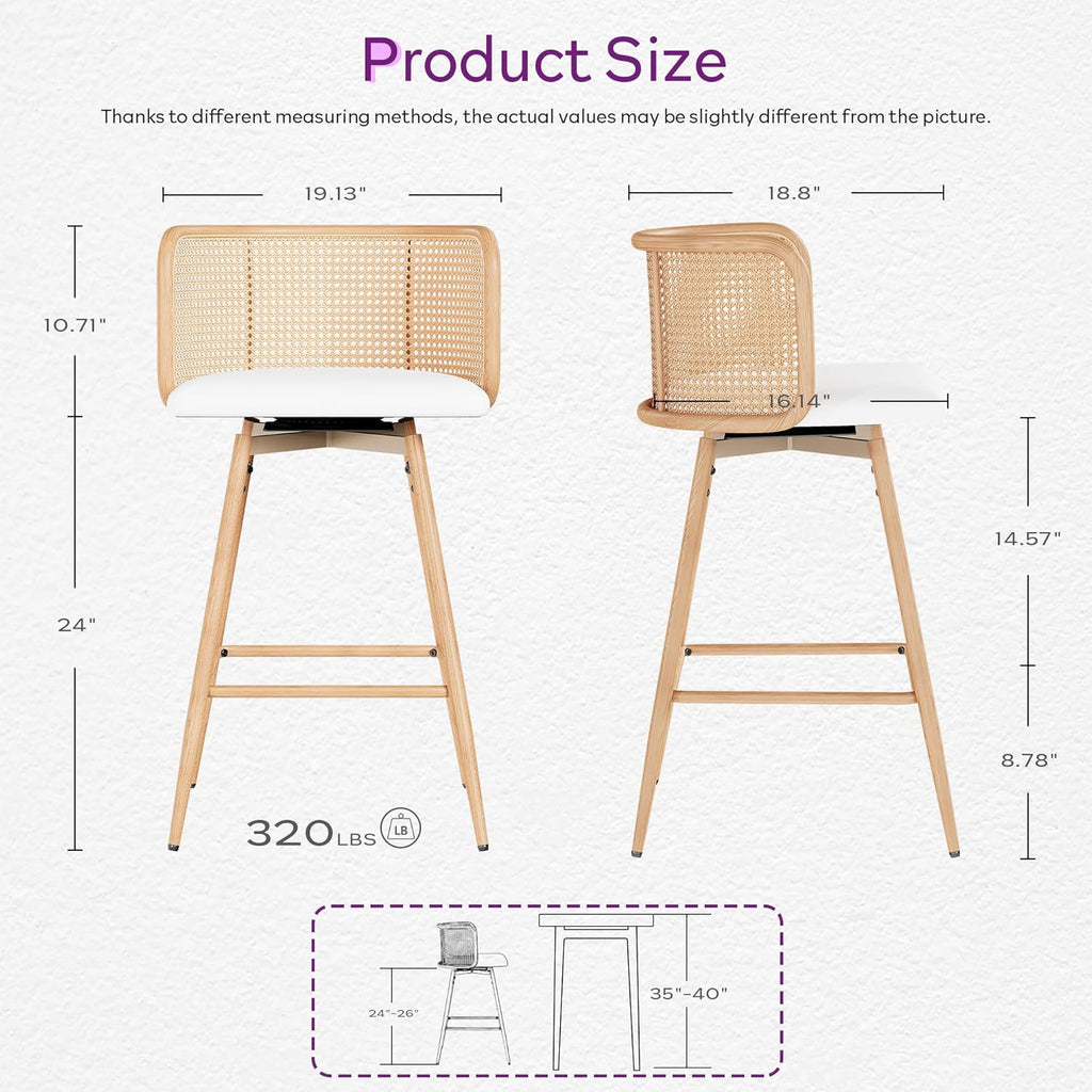 TYBOATLE Swivel Rattan Bar Stools Set of 2, 26” Counter Height Stools with Natural Rattan Woven Back and Faux Leather Seat, Mid-Century Modern Island Chairs Barstools for Kitchen, White (2, White)