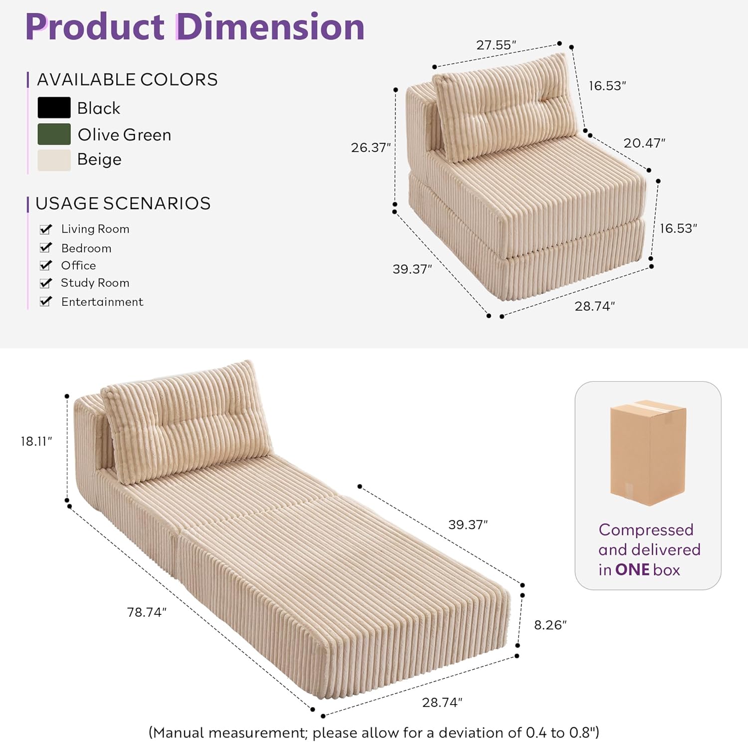 TYBOATLE Folding Sofa Bed, Convertible Sleeper Chair with Back Support and Pillow, Fold Out Floor Chair Bed, Comfy Foldable Mattress Futon Couch for Living Room, Bedroom (Cream Beige, Single Seat)