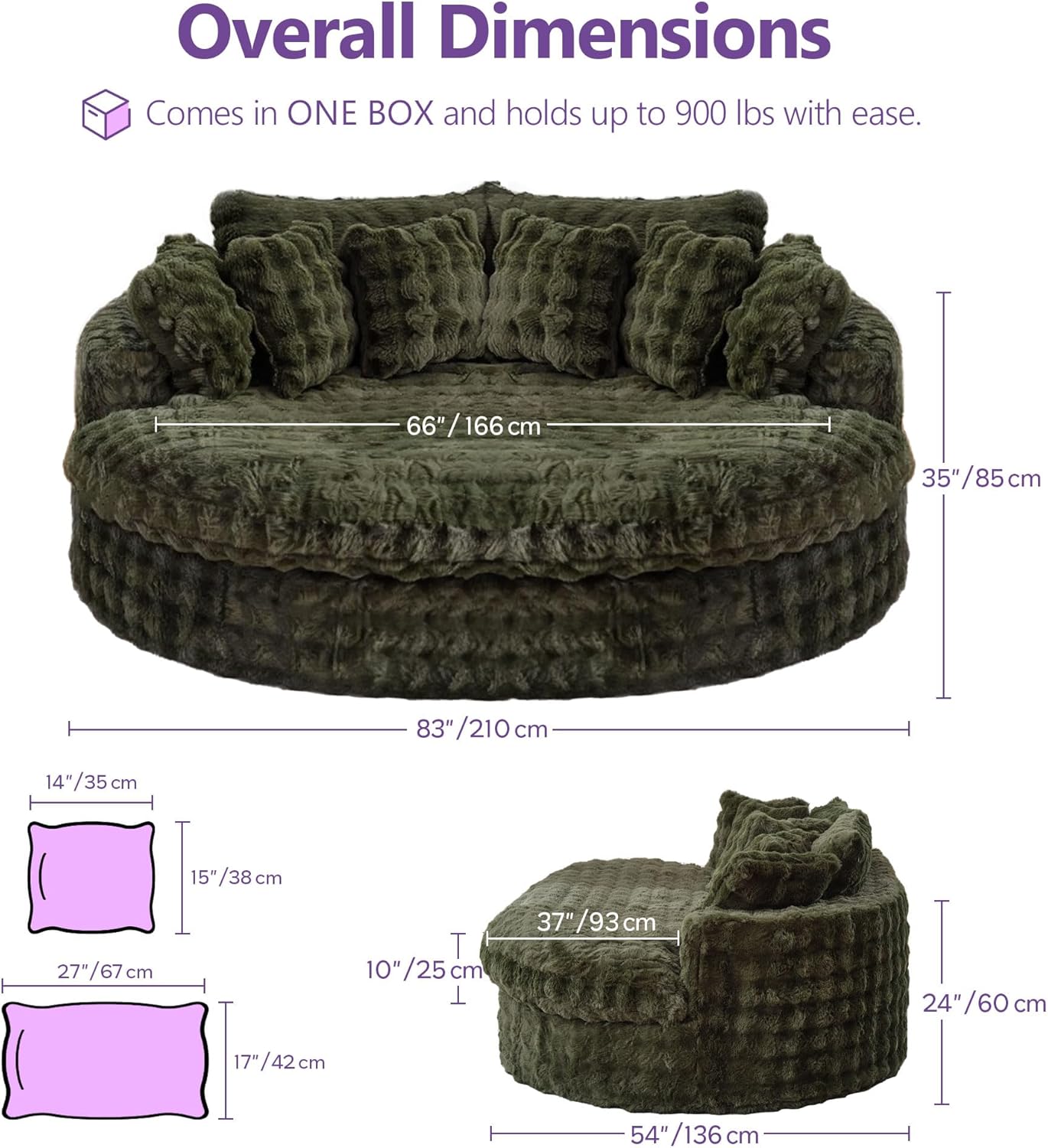 TYBOATLE 83’’ Oversized Round Boneless Couch w/Deep Seat, Round Memory Foam Couch, Comfy Fluffy Plush Bubble Sofa w/Double Cushion, Circle Bed for Livingroom, Bedroom (Green)