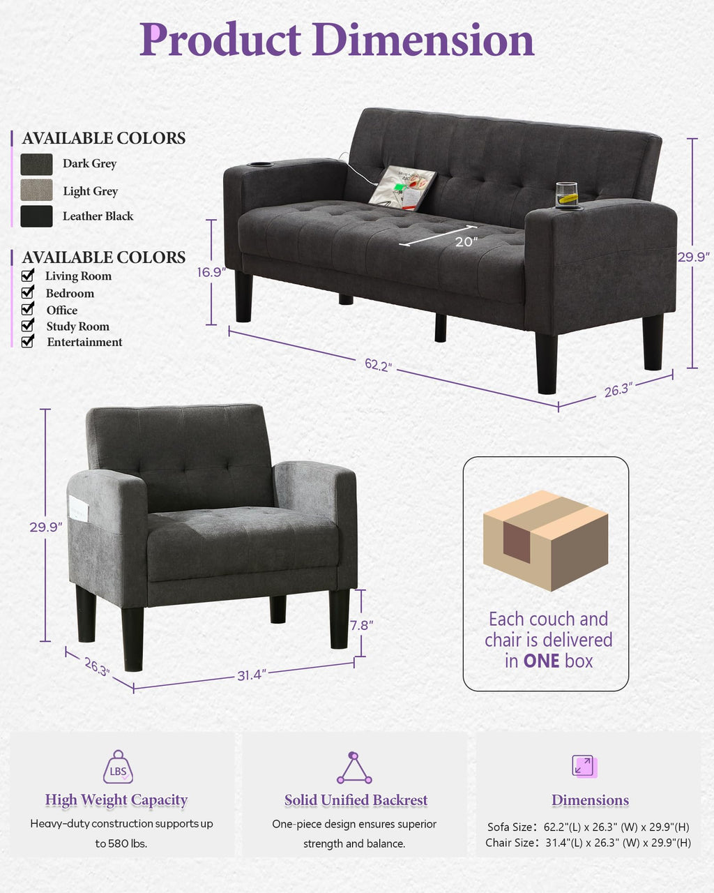 TYBOATLE Grey Couch and Chairs, 3 Piece Living Room Furniture Set with USB & Type-C