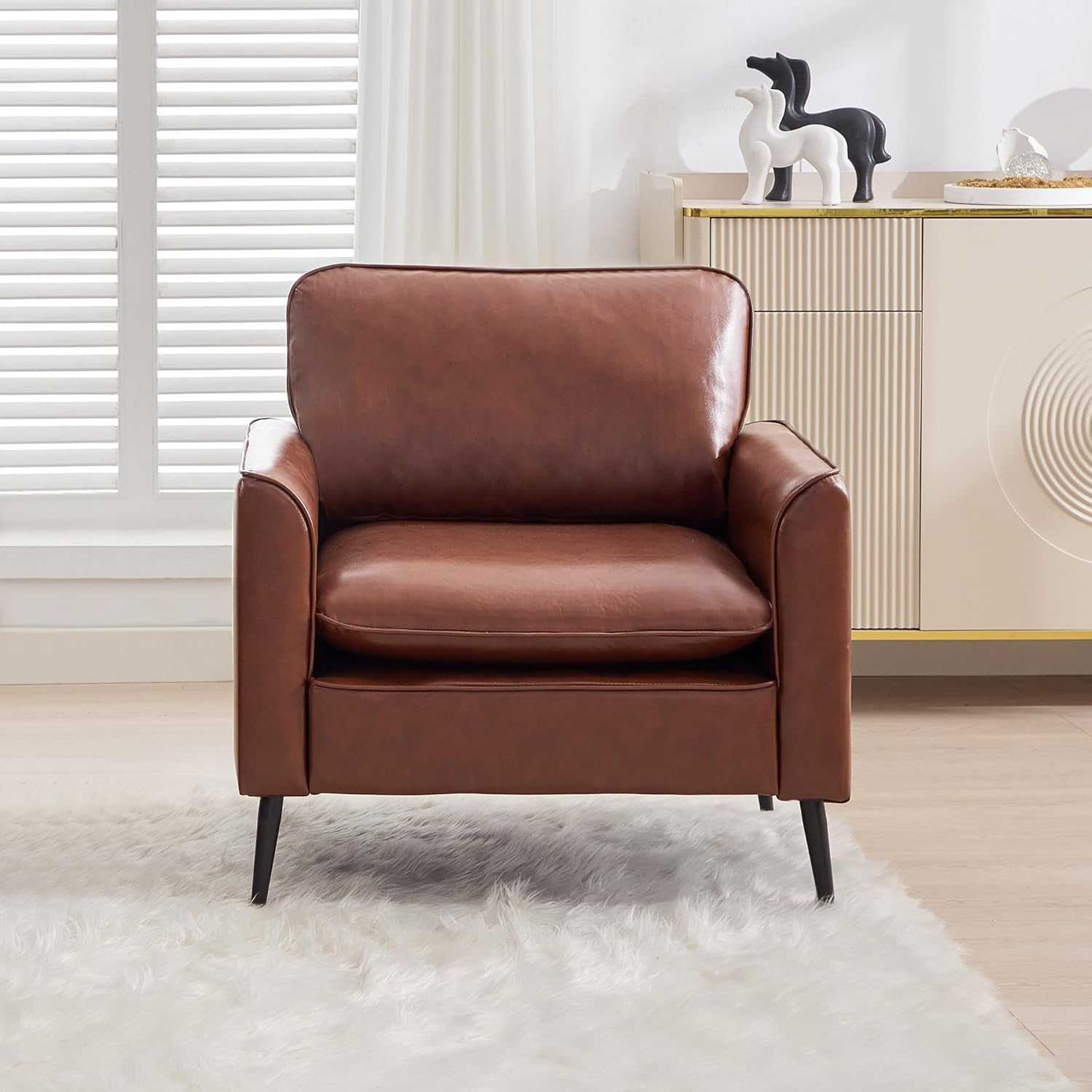 TYBOATLE Accent Chair, Brown Faux Leather Chair, Comfy Living Room Chairs, Office Reading Chair, Mid Century Modern Side Chairs, Arm Chairs for Bedroom, Office, Apartment