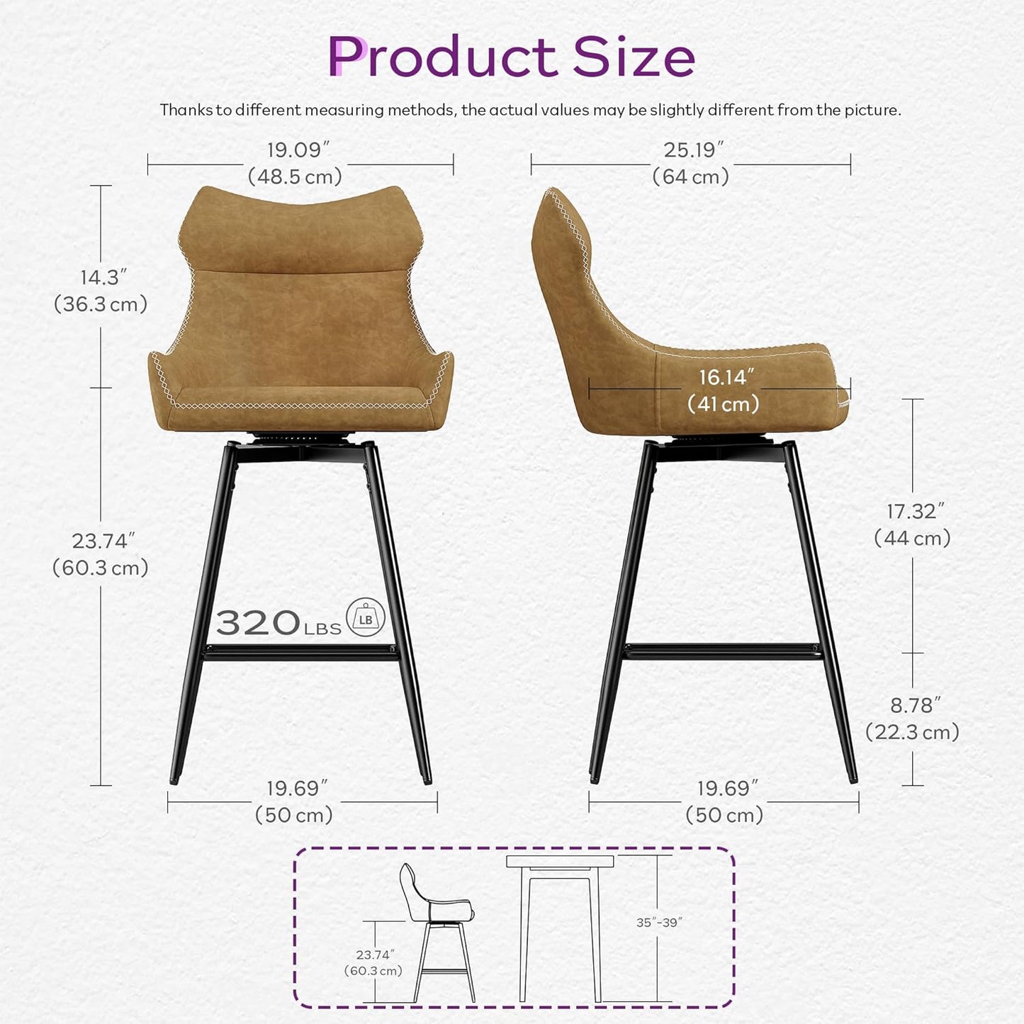 TYBOATLE 26” Leather Swivel Bar Stools Set of 4, Counter Height Bar Stools with Metal Legs, Height-Adjustable Upholstered Faux Leather Barstools for Kitchen Counter, Brown