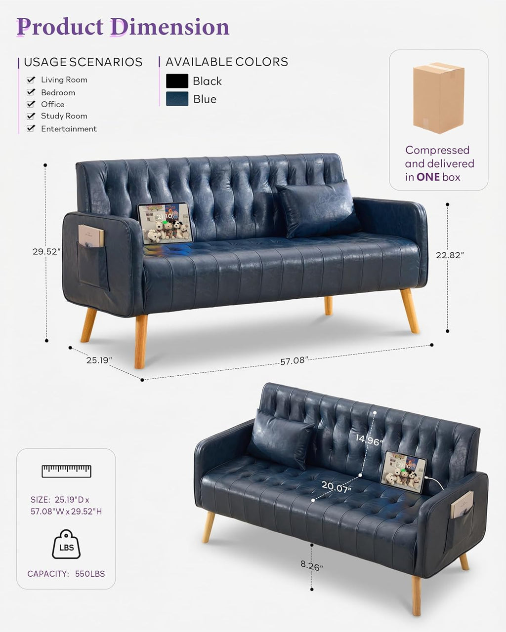 TYBOATLE 57" Faux Leather Loveseat Couch, Mid-Century Modern Comfy Office 2 Seater Sofa Couch with USB & Pockets, Small Love Seat Mini Couches for Living Room, Apartment, Bedroom (Blue, 1)
