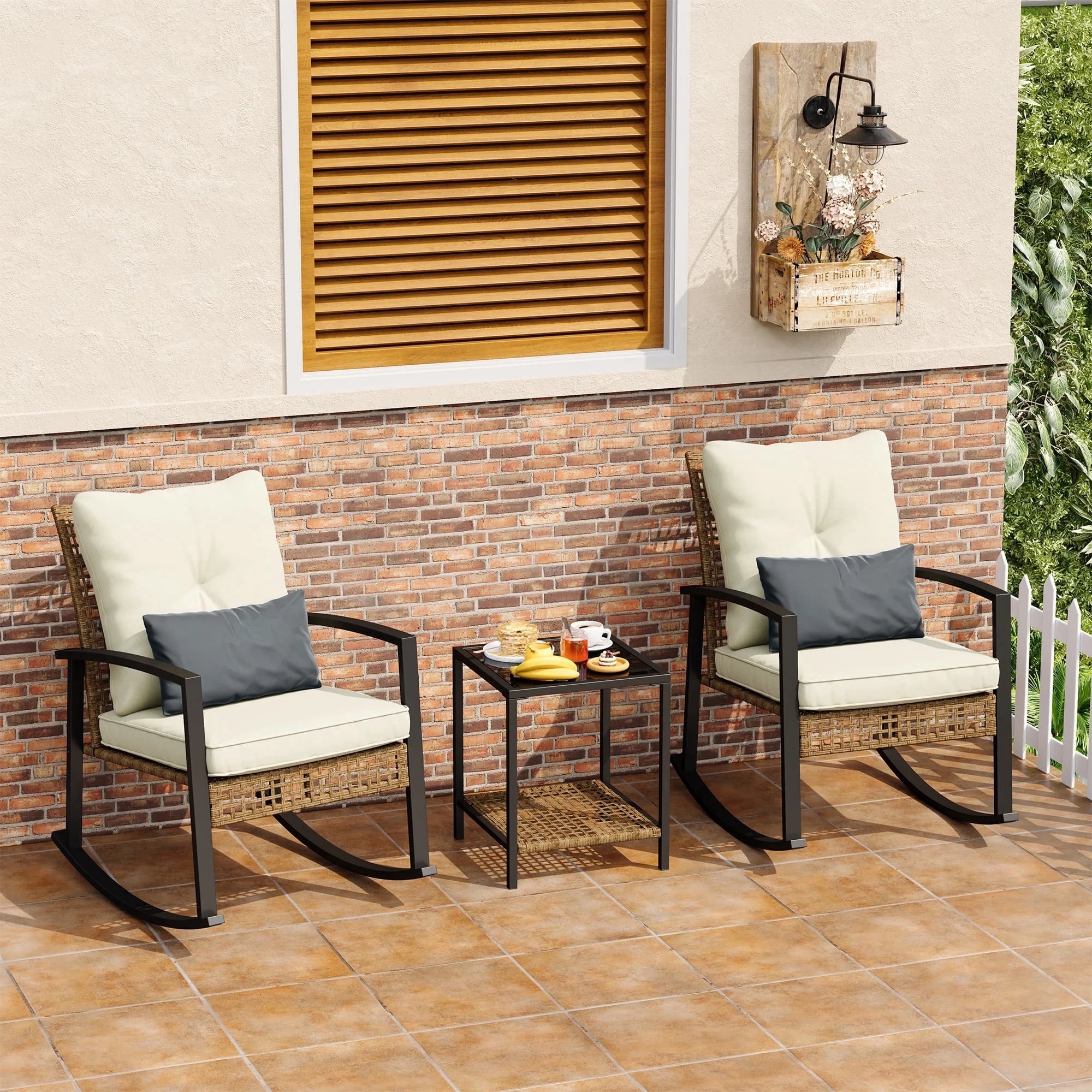 LAZZO 3 Pieces Patio Outdoor Conversation Set with Lumbar Pillows and Coffee Table, PE Wicker Rocking Chairs with Beige Cushions