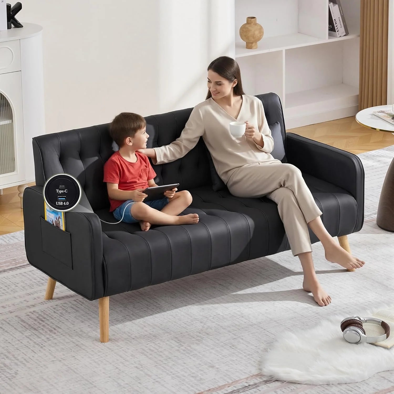 LAZZO 57" Mid-Century Modern Loveseat Sofa, Faux Leather Tufted Small Couch with USB Charging Ports & Pockets, Black