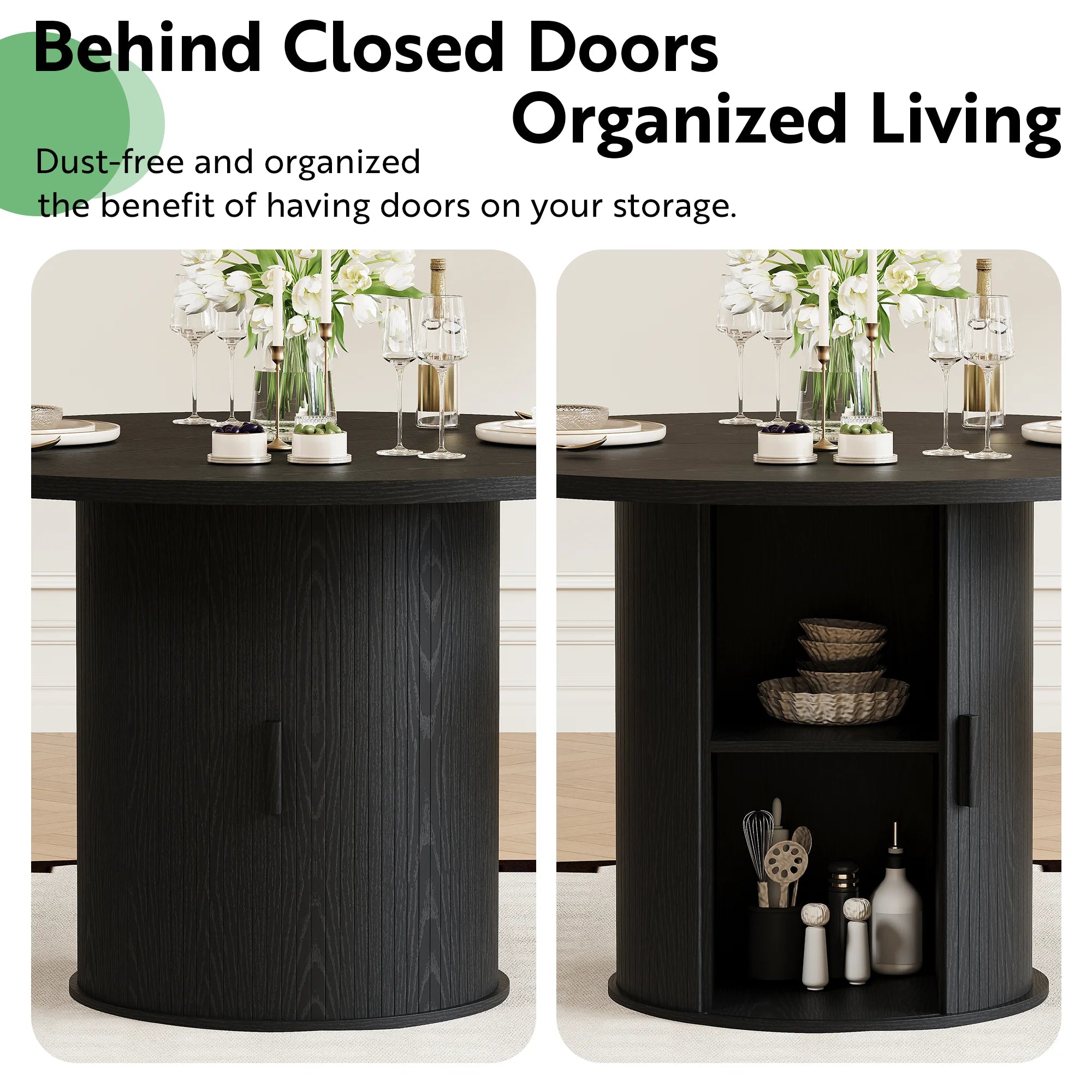 LAZZO 47" Round Dining Table with Storage, Modern Fluted Side Shelf, Seats 4-6 for Kitchen Dining Room, Black